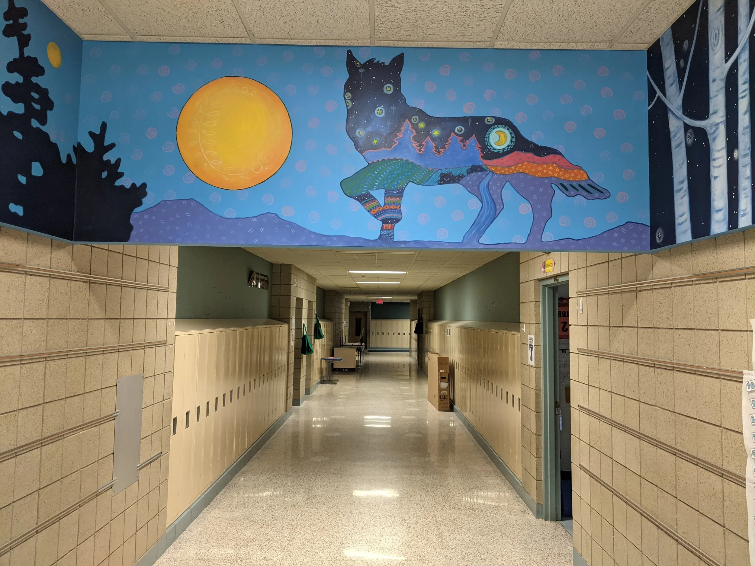 Timberwolve- hallway mural for or Talahi Community School, 2021