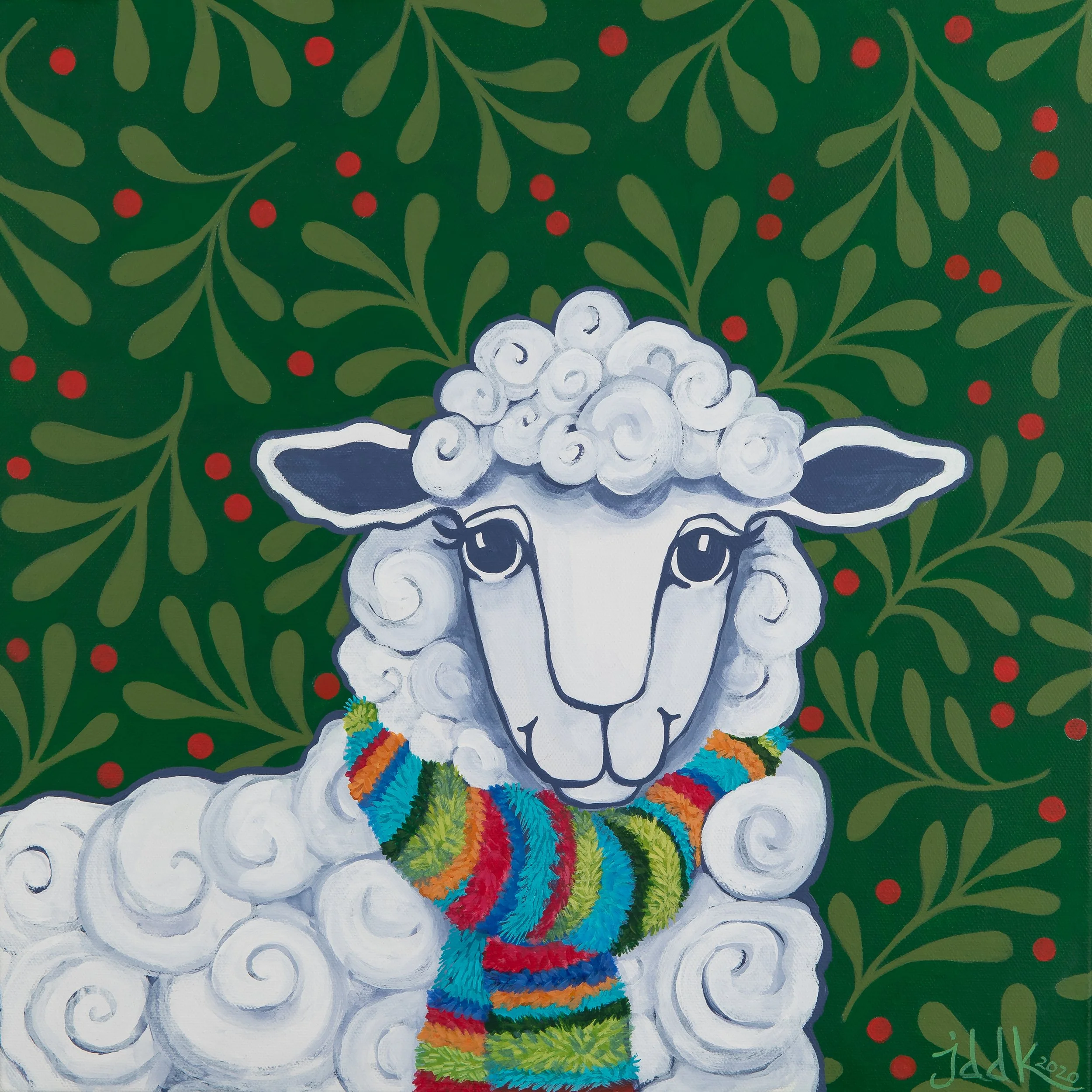 Winter Sheep with Holly, 2020-16 x 16 acrylic on canvas. Private Collection.