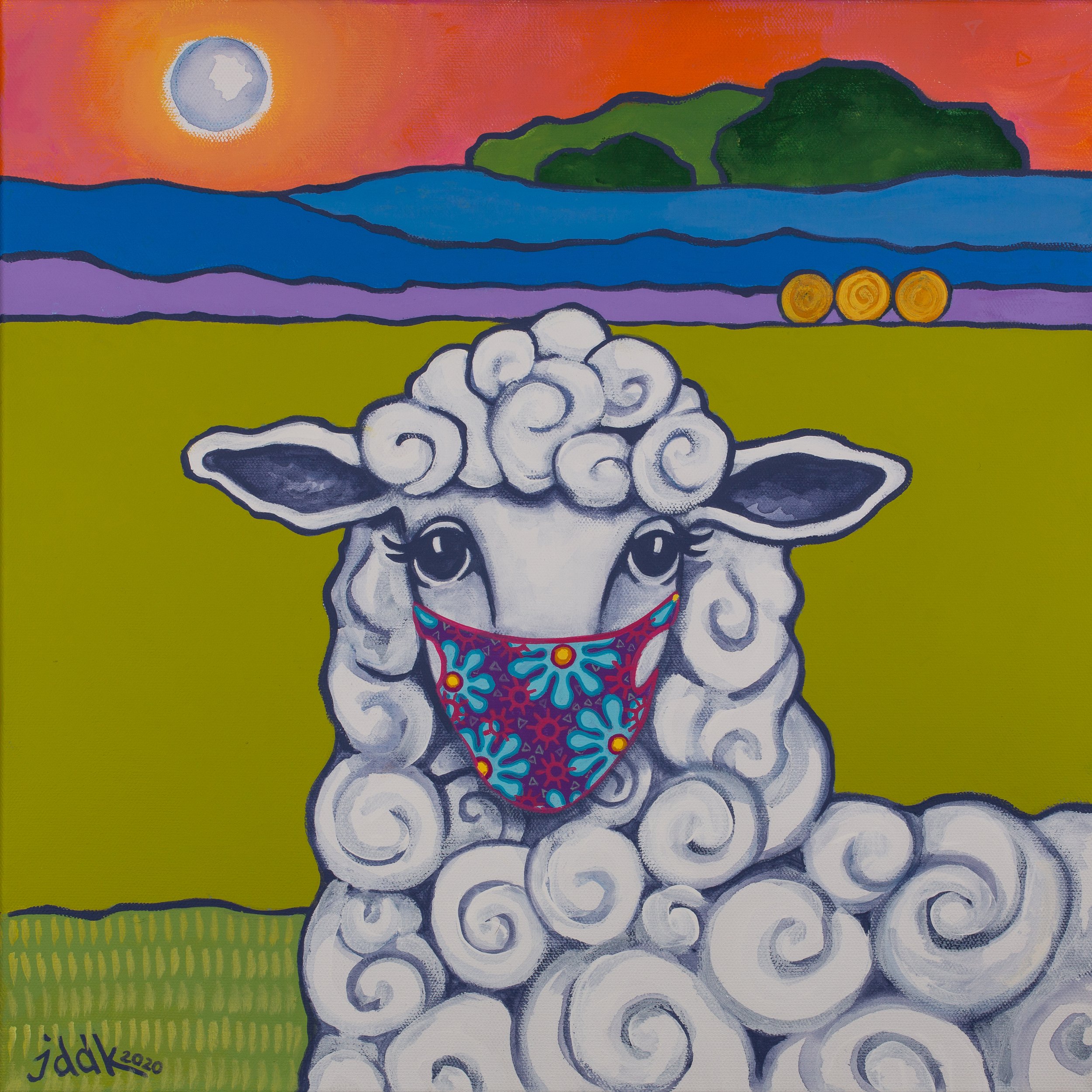 Pandemic Sheep with Mask, 2020 - 16  x 16 acrylic on canvas- Private Collection 