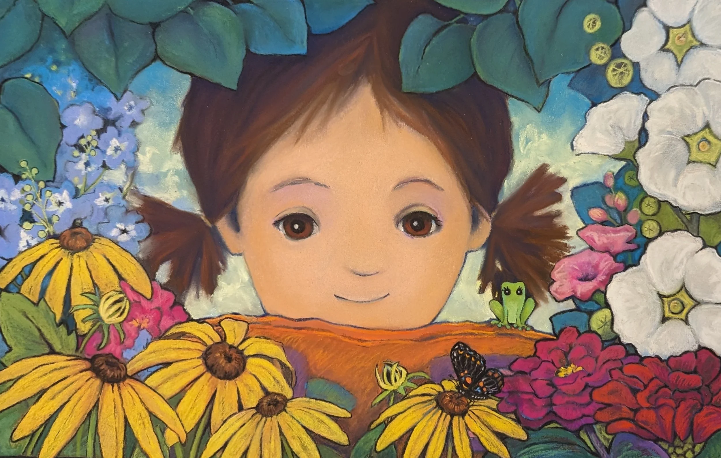 Tiny Tree Frog page 13 -illustration of pastel on black paper, 2024