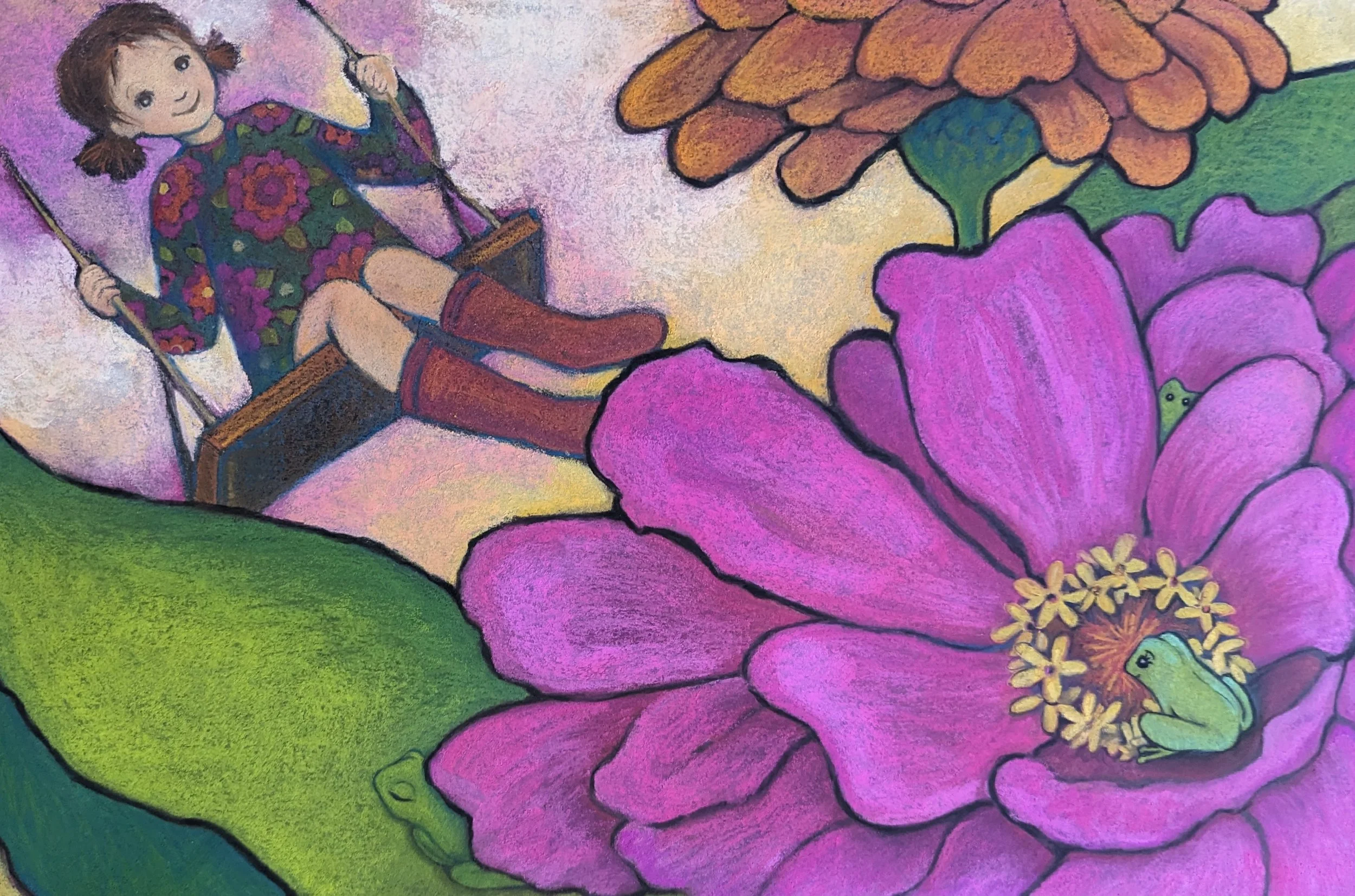 Tiny Tree Frog page 16 -illustration of pastel on black paper, 2024