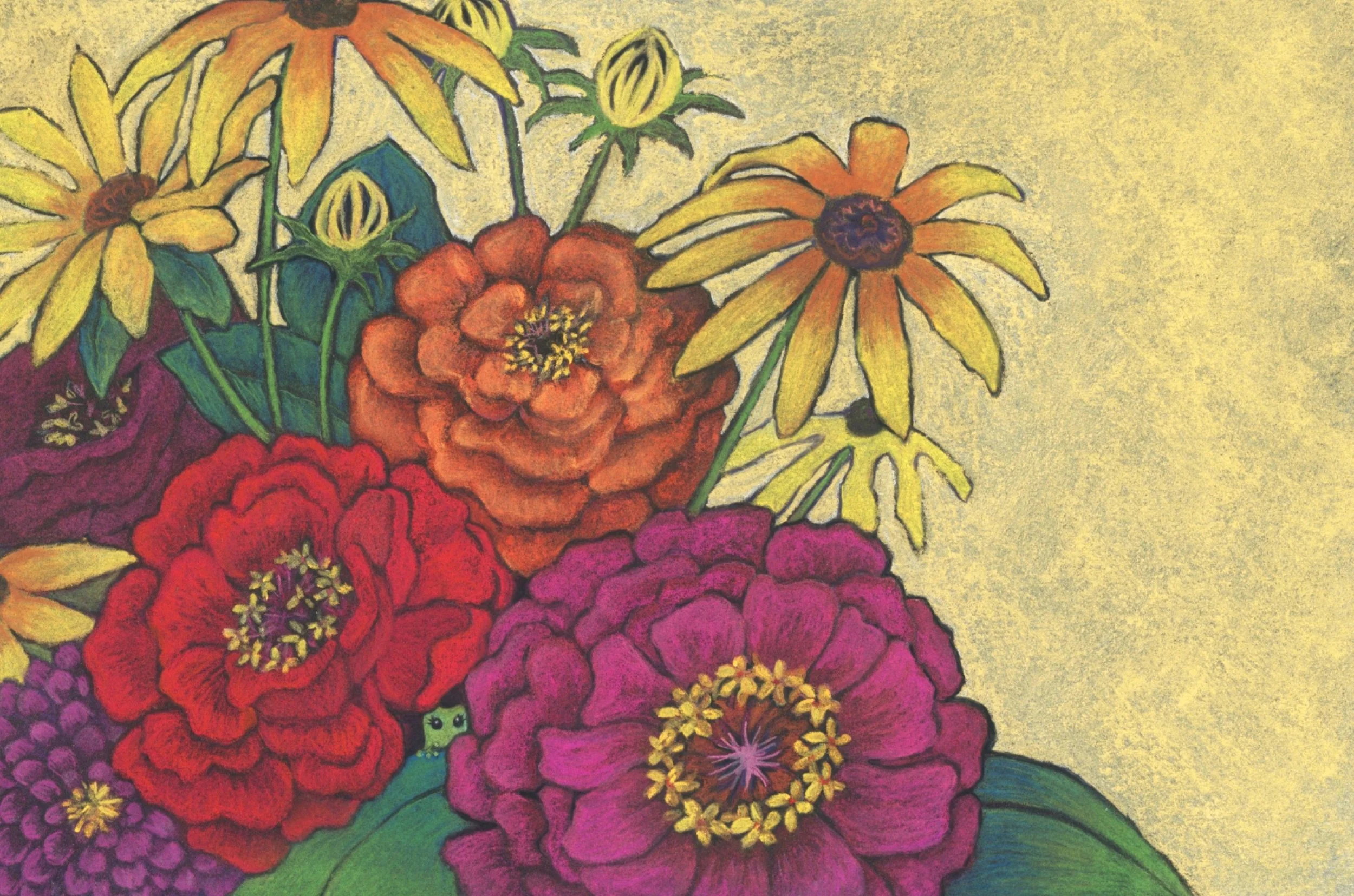 Tiny Tree Frog first page - in pastels on black paper with yellow background 