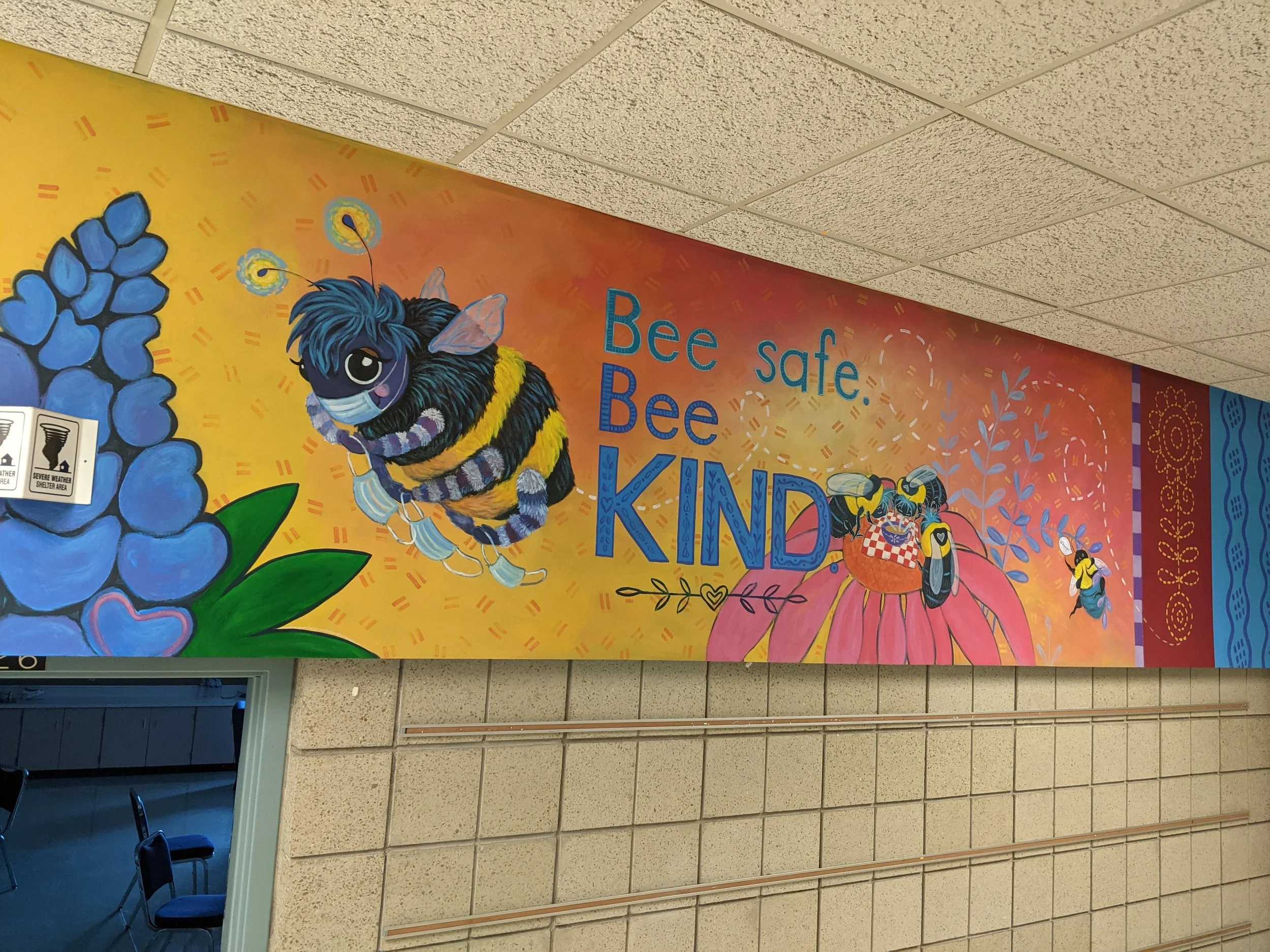 Bee Safe. Bee Kind- close up of mural hallway for Talahi Community School, 2021