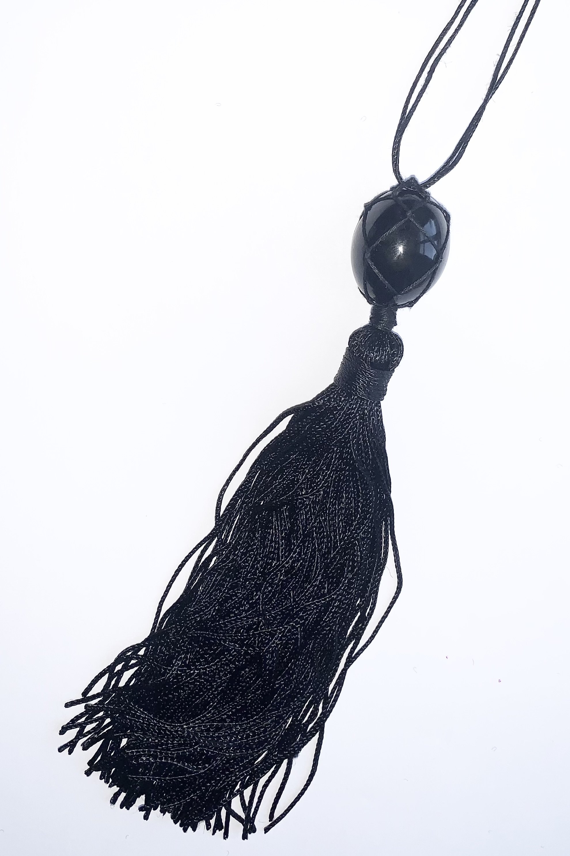 Obsidian and tassel macrame pendant necklace