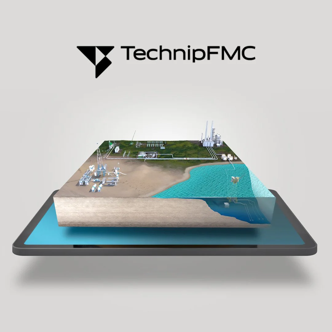 A digital illustration of an industrial landscape with a body of water, factories, and power plants on a tablet device, with the TechnipFMC logo above.