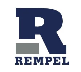Rempel logo featuring a large navy blue letter R and the word REMPEL underneath, with a gray rectangle to the left of the R.