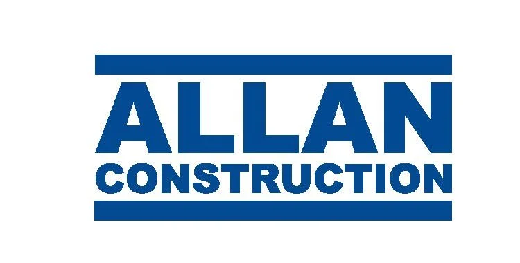 Logo with the text 'ALLAN CONSTRUCTION' in blue capital letters, with horizontal blue lines above and below.