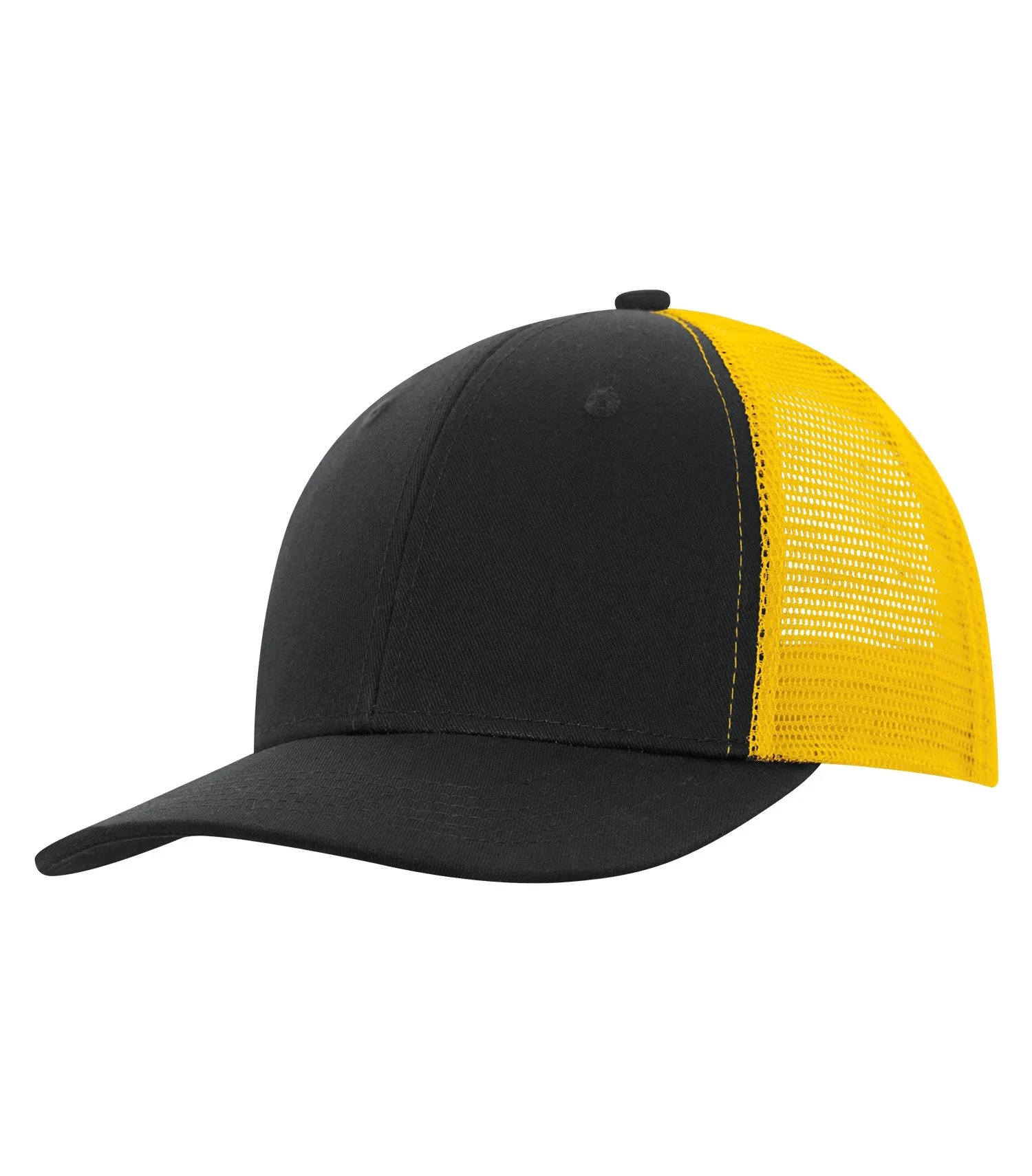 front of black and yellow trucker cap