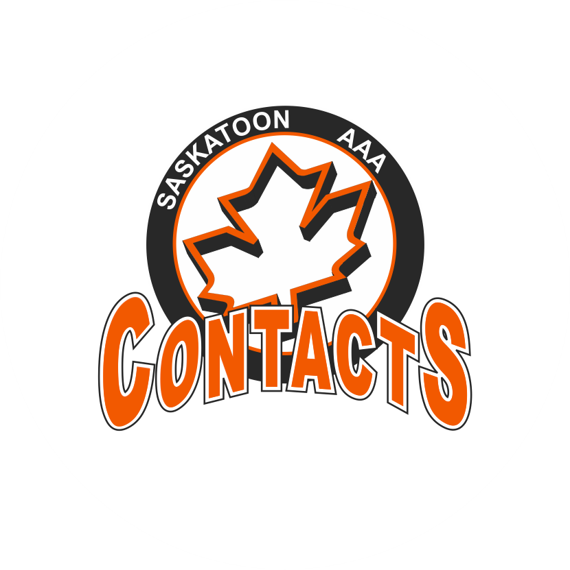 Logo for Saskatchewan AAA contacts featuring a stylized maple leaf, with the words 'Saskatoon AAA' and 'Contacts' in bold, orange, and black text.