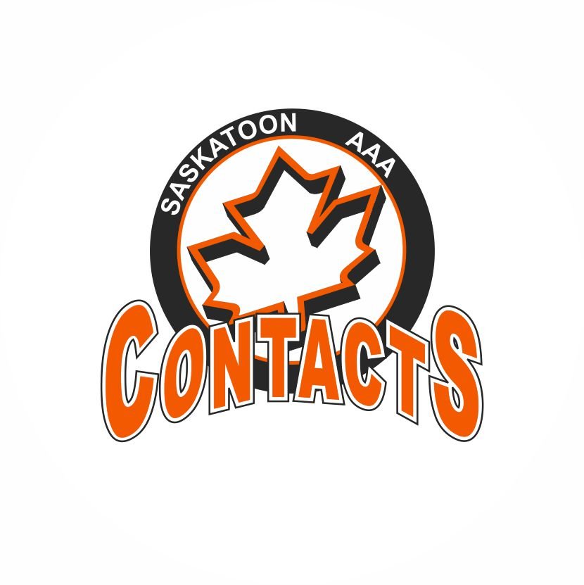 Logo for Saskatoon AAA Contacts featuring a stylized orange and black maple leaf with the team name and league information.