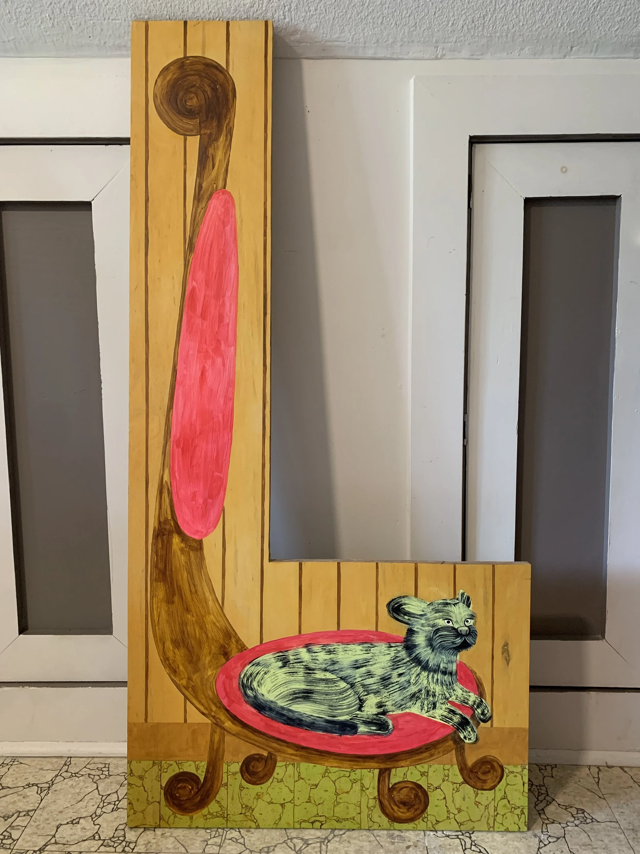 $1000 / Many Dogs Underneath this Dog / Acrylic on Found Wood Panel / 24" x 48" / 2026 