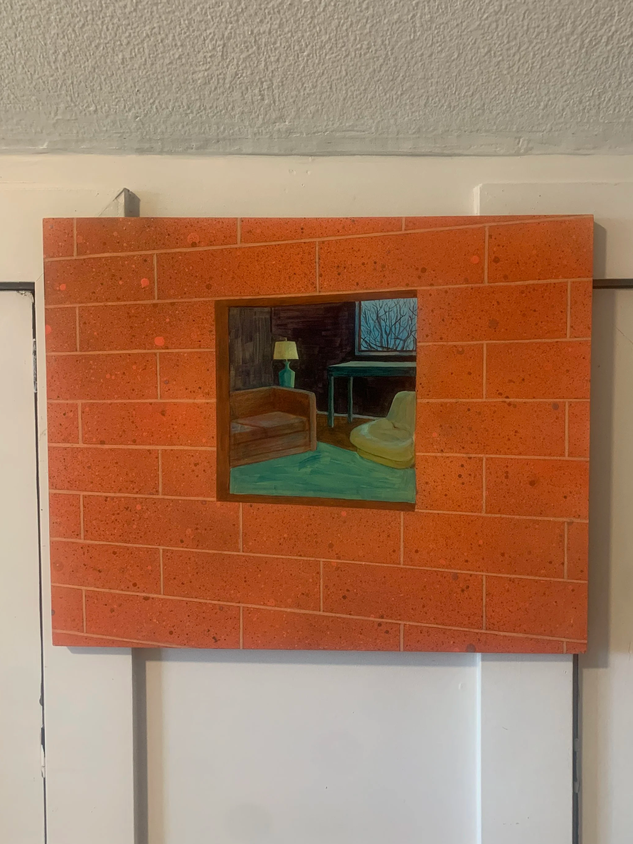 $600 / Darkening Living Room Through Brick (Looking In) / Acrylic on Wood Panel / 16" x 20" / 2026