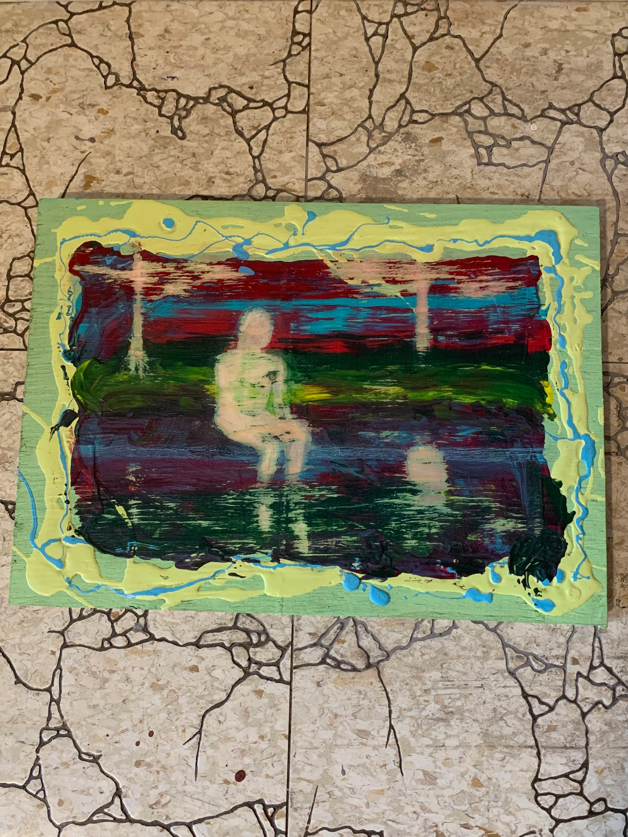 $250 / Paint Scraping Test finds some Night Swimming Figures / Acrylic on Wood / 8.5" x 12" / 2026