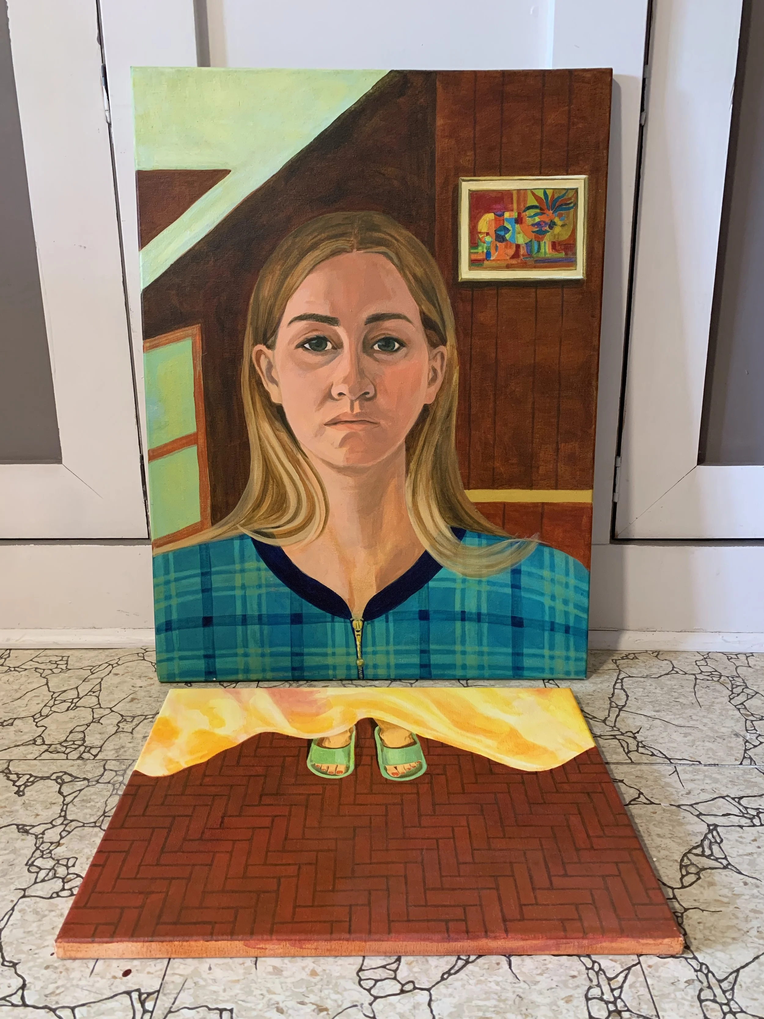 $1000 / Self Portraits in Home Corner with Found Painting (Artist Unknown) / Diptych / Acrylic on Canvas / 18" x 24" & 12" x 16" / 2023
