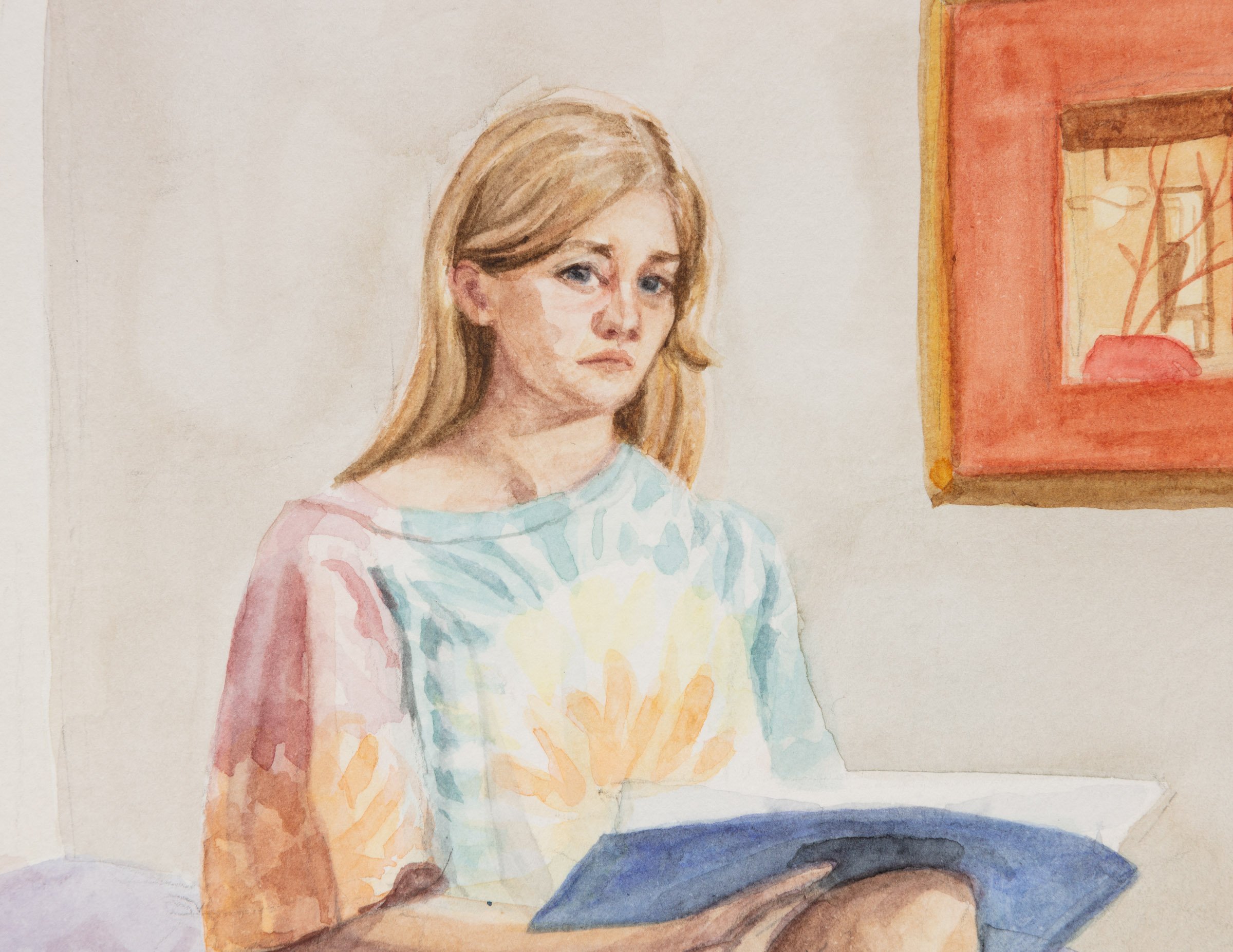 Detail | Self Portrait with Painting by Lynda Shalagan, Print by Shane Keyu Song, Sculptures by Katie Hernandez, Poster by Erica Rutherford | Watercolour on paper | 9" x 12" | 2020