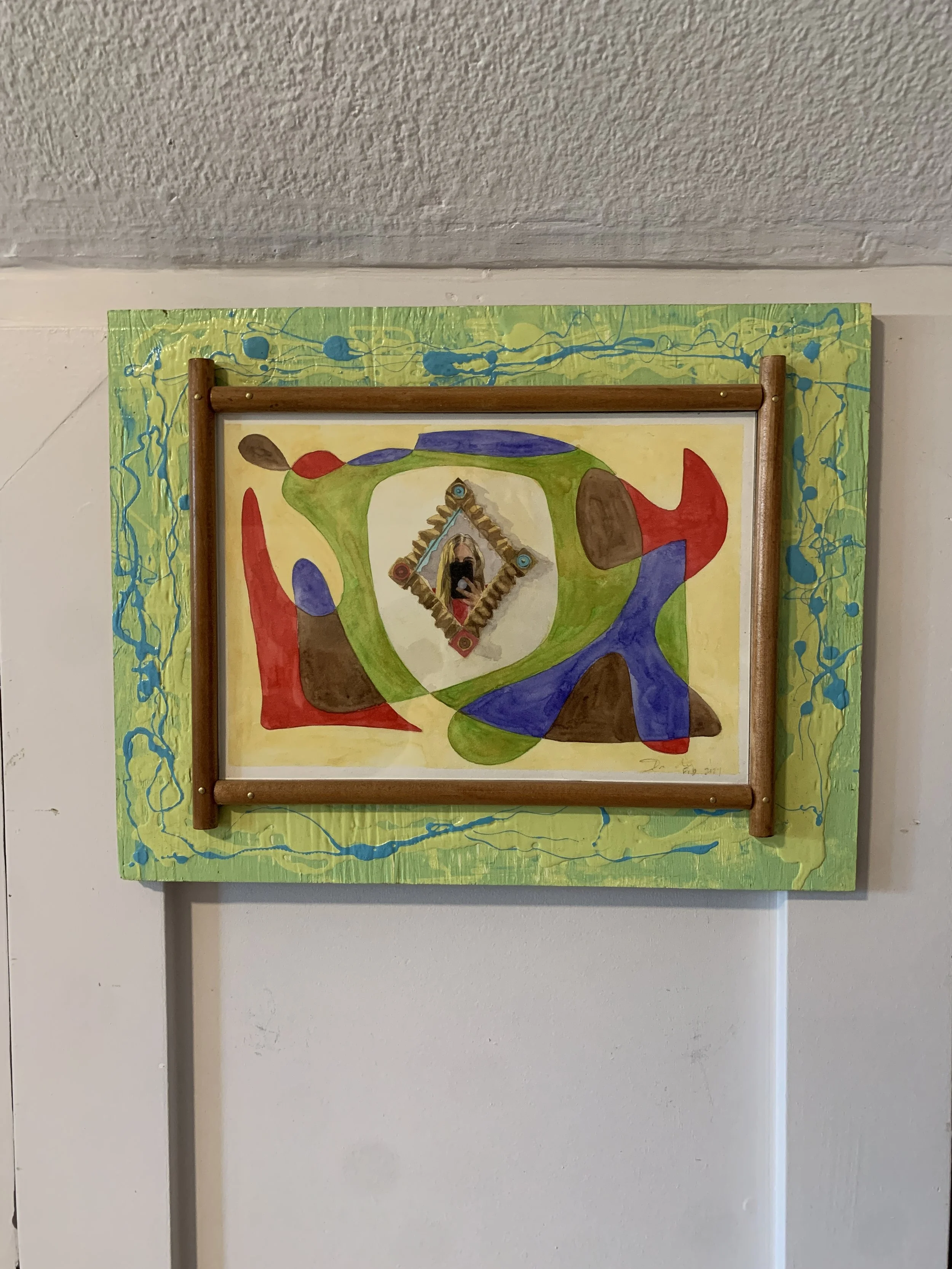 $600 / Self-Portrait in Mirror by Allison Higgins in Frame inspired by Frank Gielen / Watercolour on Paper and Acrylic, Wood, Glass / 12" x 15.25" / 2024-2026