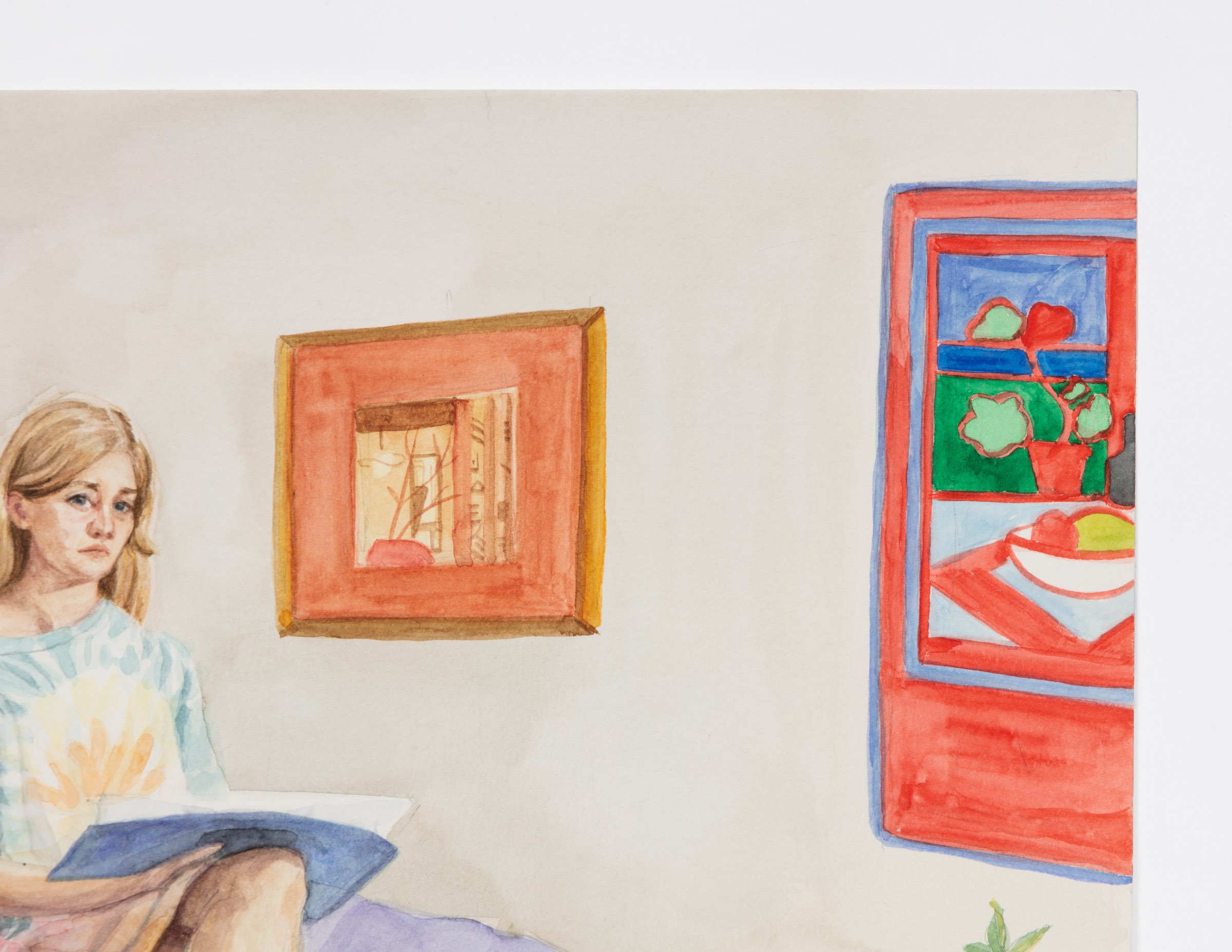 Detail | Self Portrait with Painting by Lynda Shalagan, Print by Shane Keyu Song, Sculptures by Katie Hernandez, Poster by Erica Rutherford | Watercolour on paper | 9" x 12" | 2020
