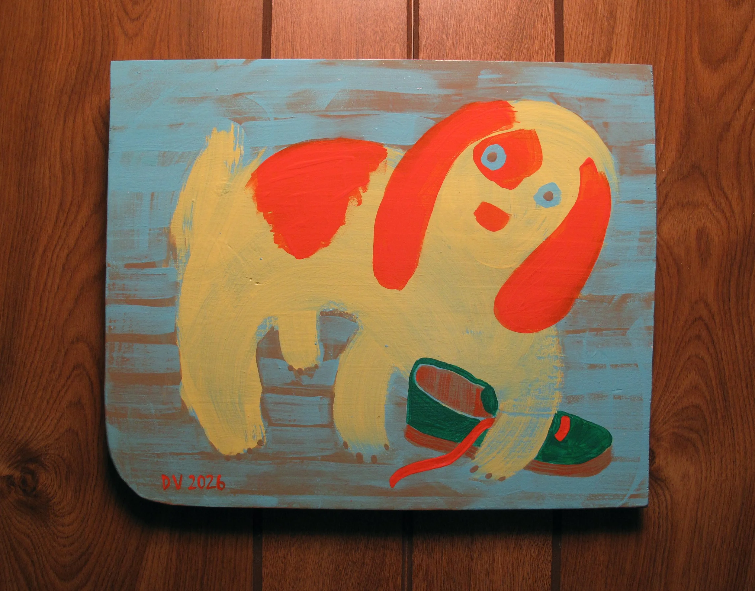 Small Dog Chew Shoe | Acrylic Paint on Wood Board | 14 1/8" x 11 1/8" | 3/4" | 2026
