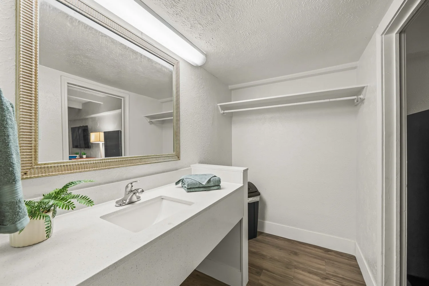 Empty bathroom with a wide mirror, white countertop with a sink, a faucet, green towels, a potted plant, a black trash can, white textured walls, and wooden flooring.