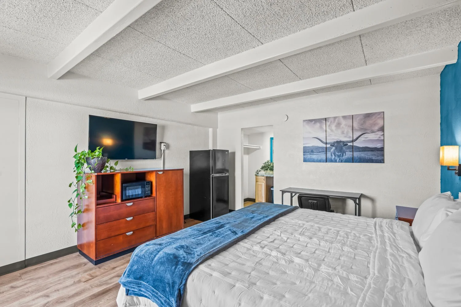A hotel room with a bed, a dresser with a plant, a wall-mounted TV, and a view of a cow painting on the wall.