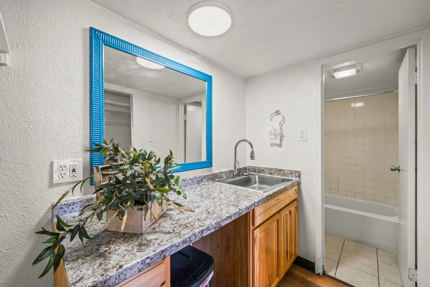 Bathroom with granite countertop, wooden cabinet, mirror with blue frame, plant, stainless steel sink, towel ring, and a bathtub in the background.