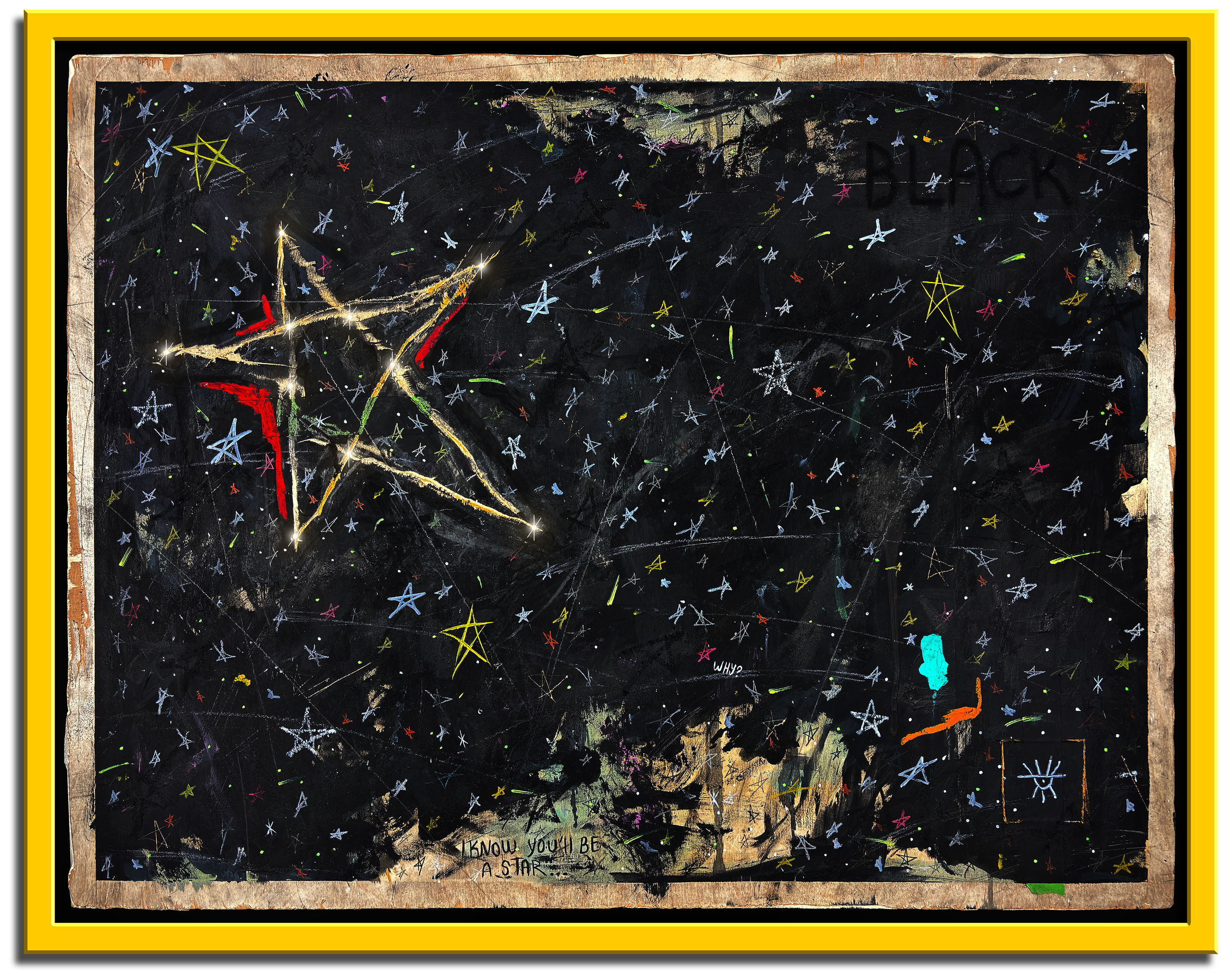 “Black”, 2026, Mixed Media on Wood Board (with embedded lights), 28” x 21.5”