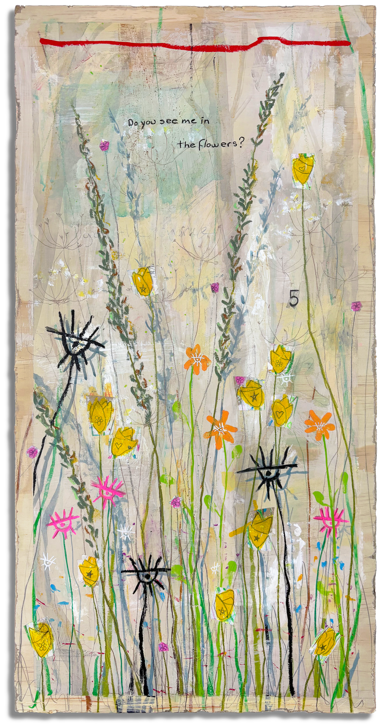 “Do you see me in the flowers?”, 2025, Mixed Media on Wood Board, 12” x 24”