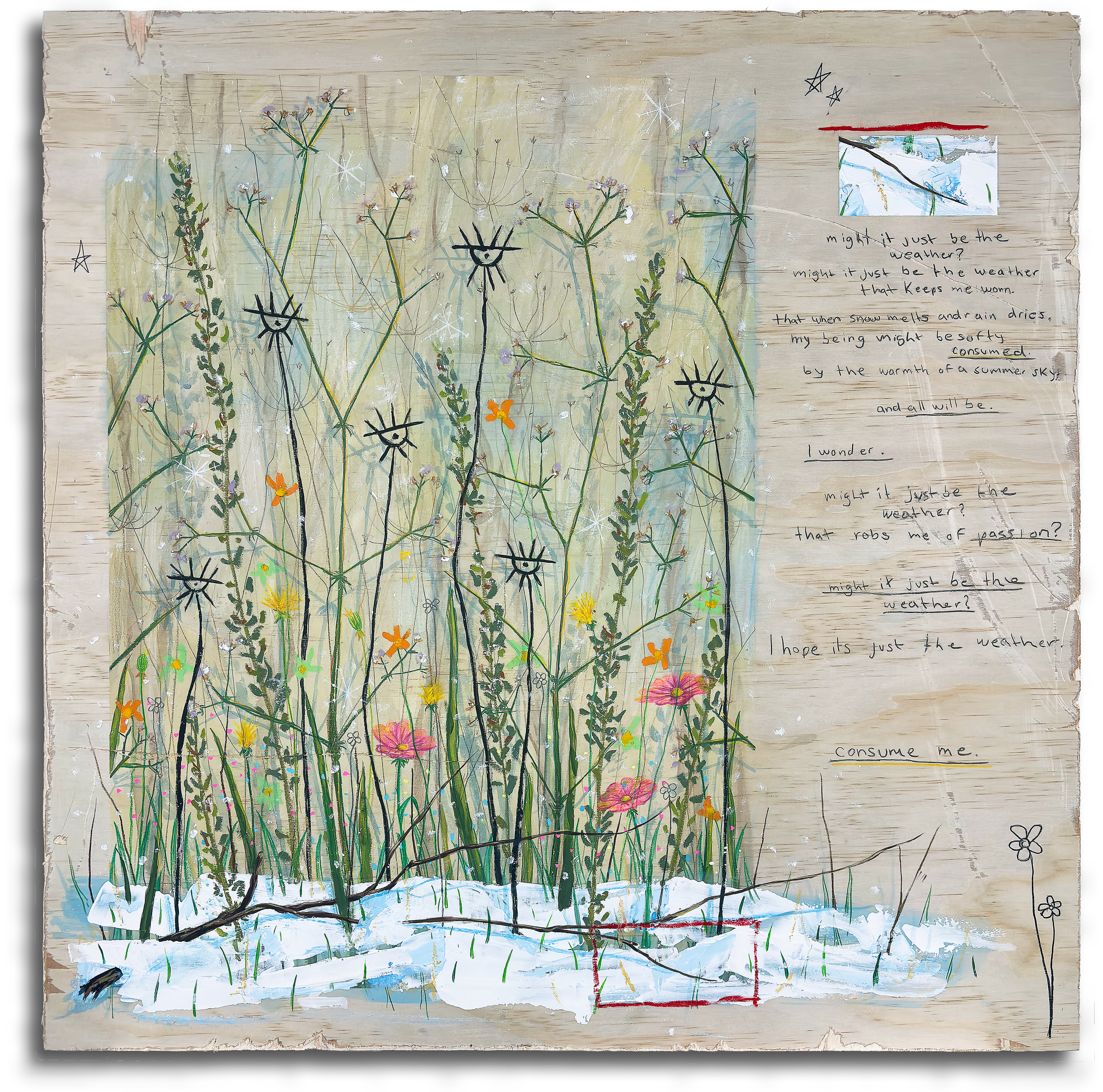 “might it just be the weather?”, 2026, Mixed Media on Wood Board, 24“ x 24“