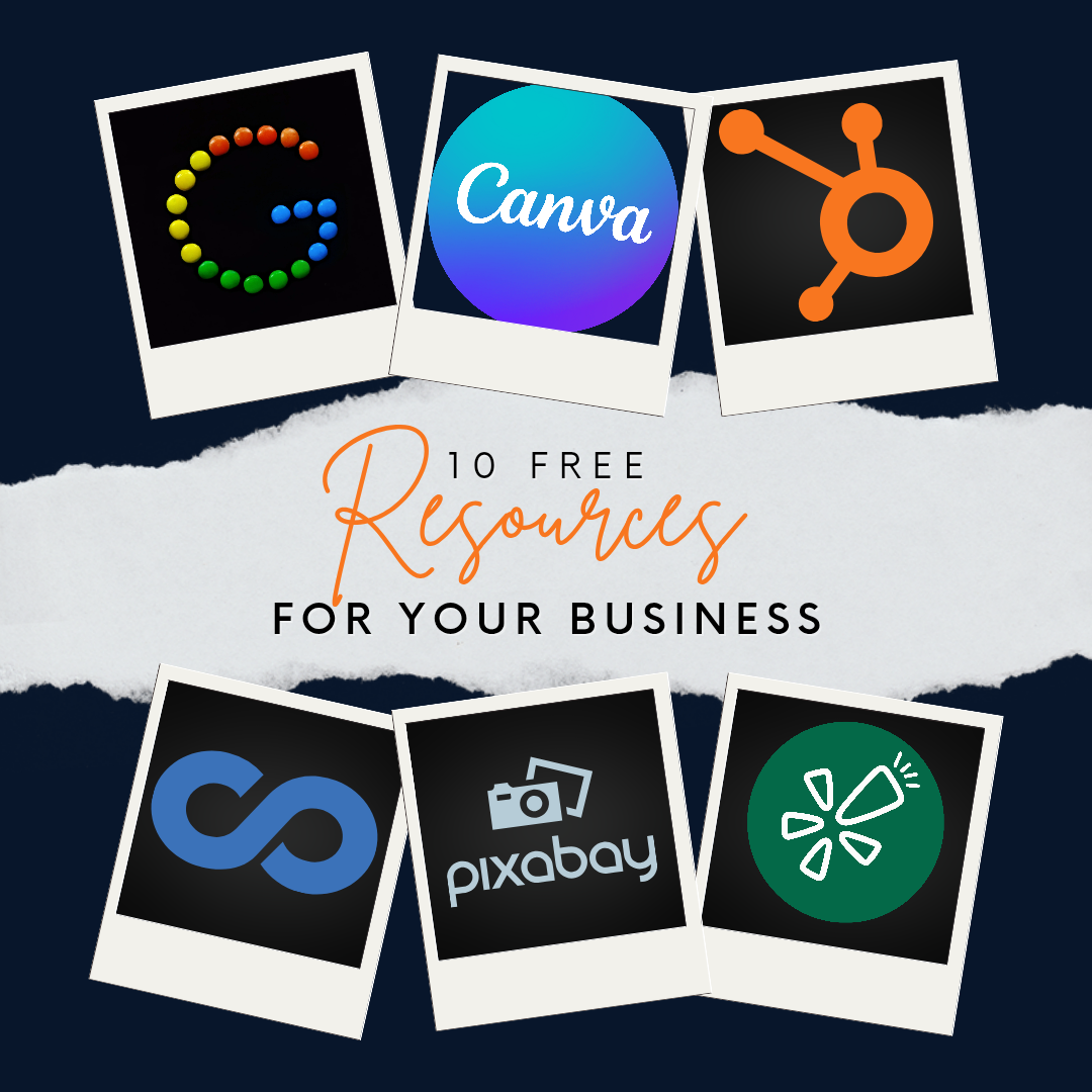 Collage of logos for business resources including Google, Canva, HubSpot, Pixabay, and others, with text saying "10 Free Resources for Your Business."