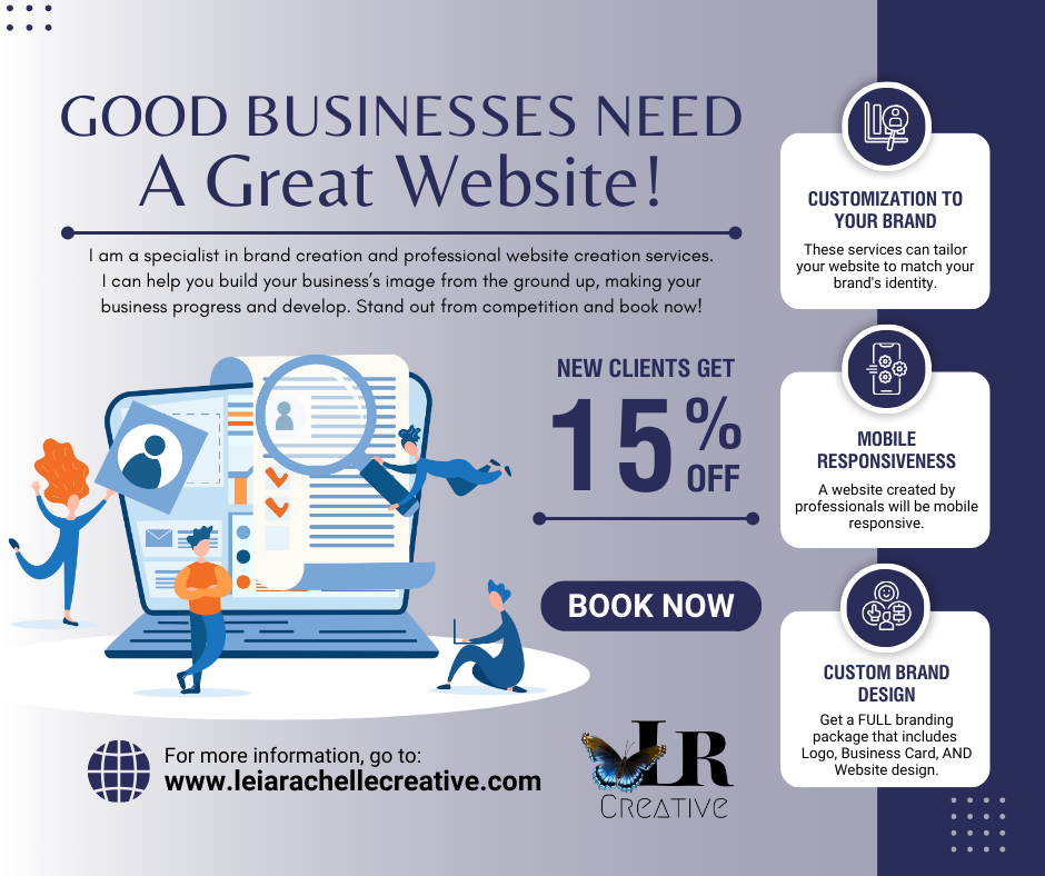 Infographic advertising website creation services, featuring "Good Businesses Need A Great Website!" headline. Offers 15% off for new clients. Highlights include customization to your brand, mobile responsiveness, and custom brand design. Includes illustrations of people interacting with digital content and the URL www.leiaraecreative.com. Brand logo is "LR Creative" with a butterfly.