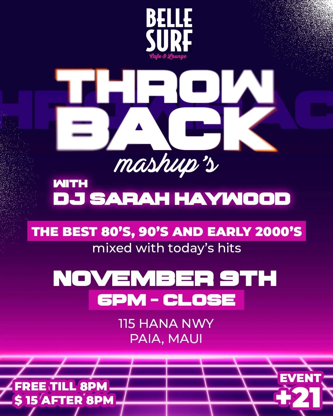 🎶 Throwback Mashups: A Journey Through the Best Hits of the 80s, 90s, and Early 2000s 🎧

Get ready to dance the night away with DJ Sarah Haywood spinning the hottest tracks from the 80s, 90s, and early 2000s!

🗓️ Date: Thursday, November 9th
🕗 Ti