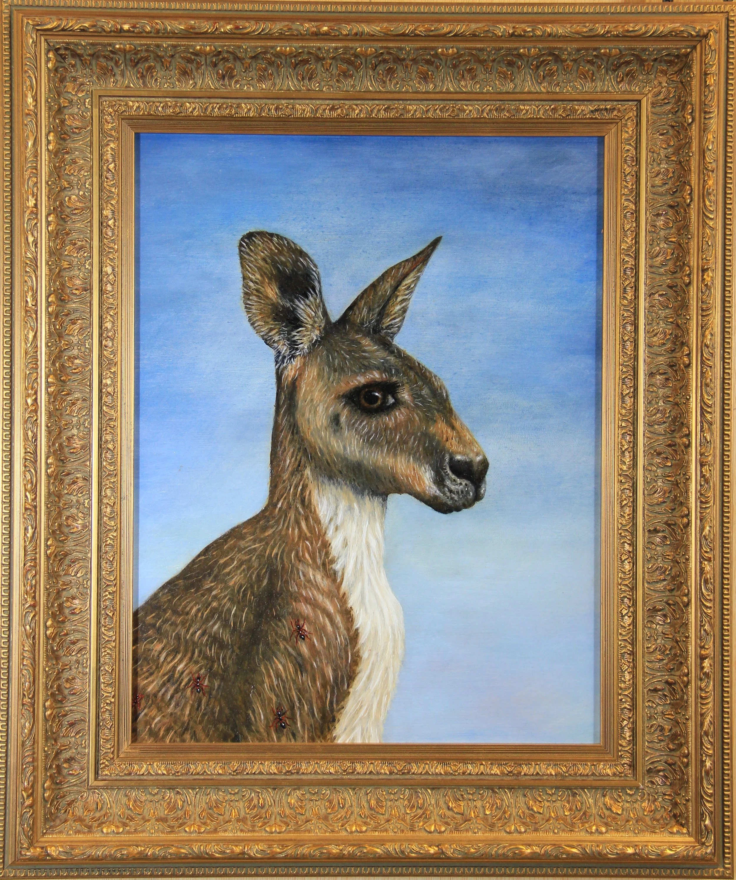 Raphaelesque portrait of a kangaroo with fire ants.
