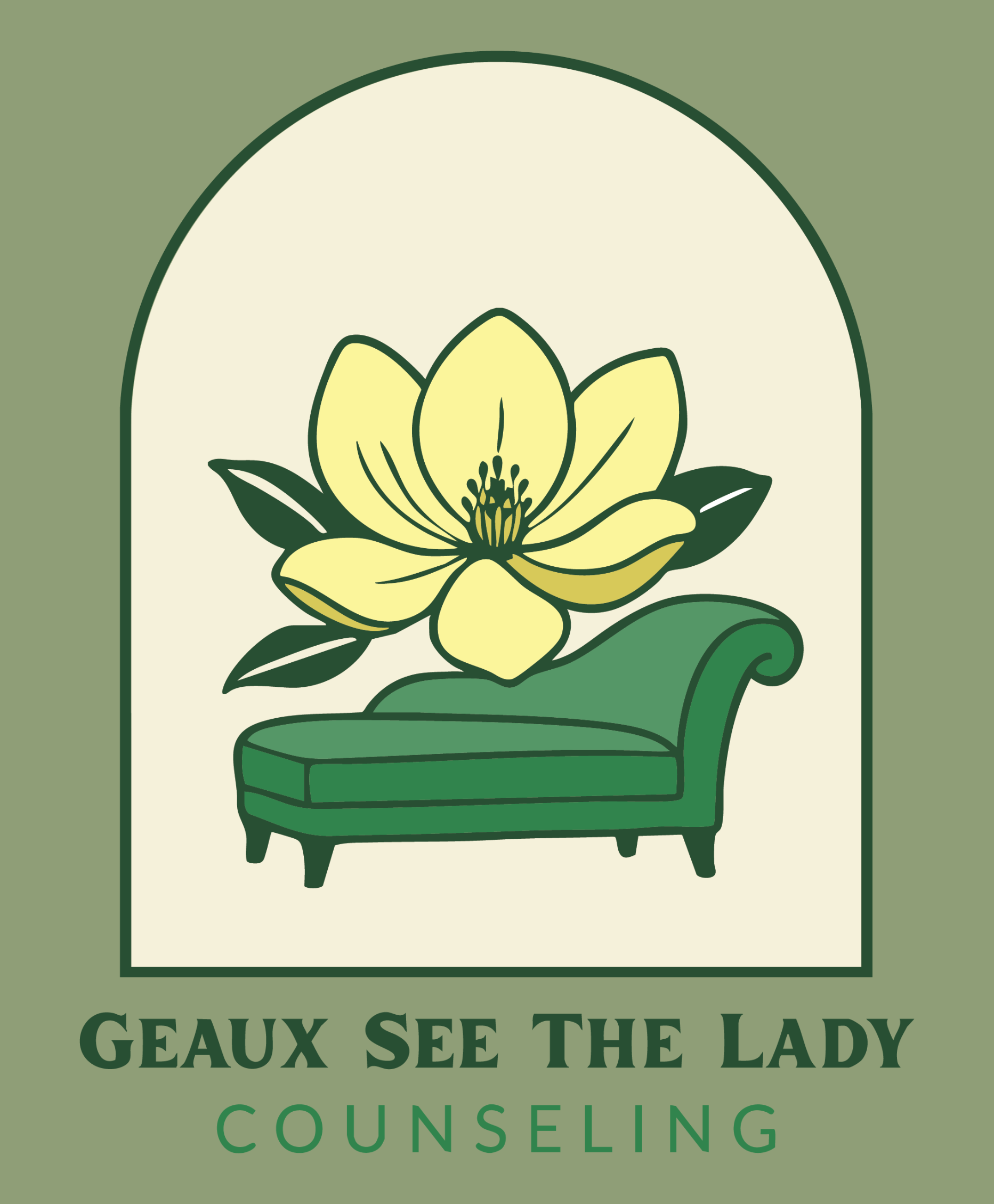 logo for geaux see the lady counseling. a magnolia flower on top of a chaise lounge