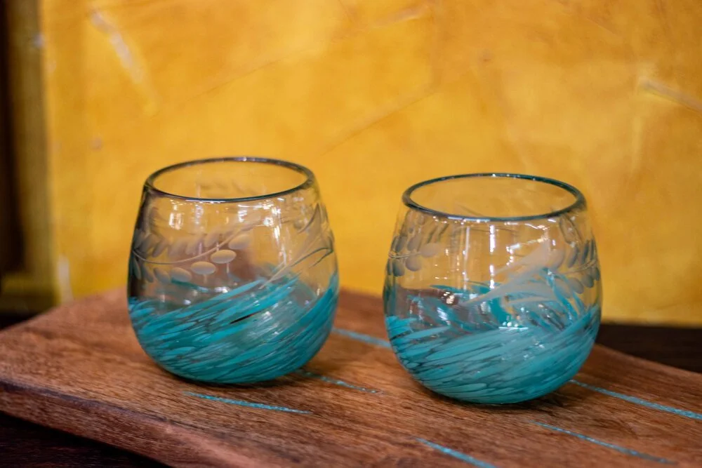 Teal Swirl Stemless Wine GlassShopRios Interiors