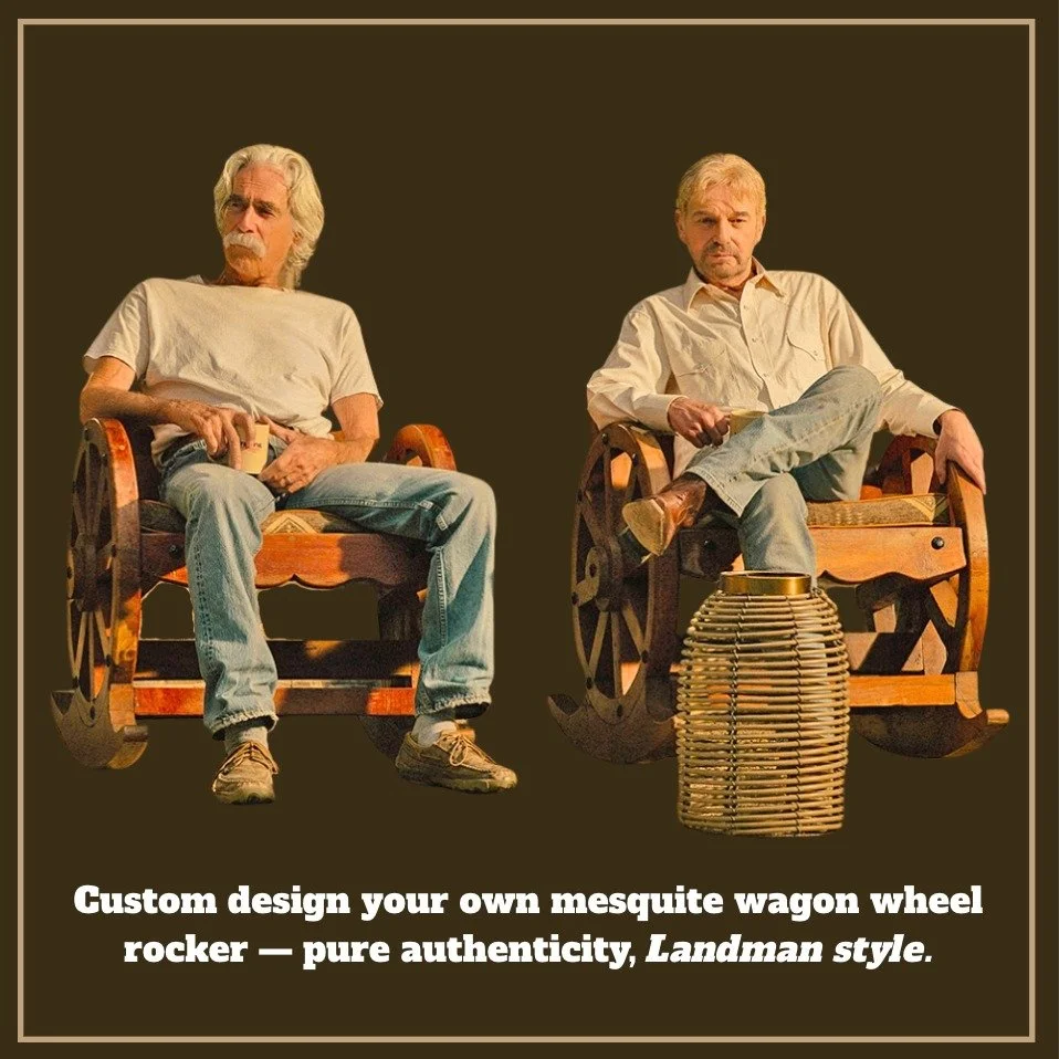 We&rsquo;re proud to have custom made our very own Rios Mesquite Wagon Wheel Rocking Chairs for @landmanpplus! 🌵🎬 Stay tuned for more &mdash; Season 2 premieres November 16th.

Want your own handcrafted mesquite bench or rocker? Let&rsquo;s design 
