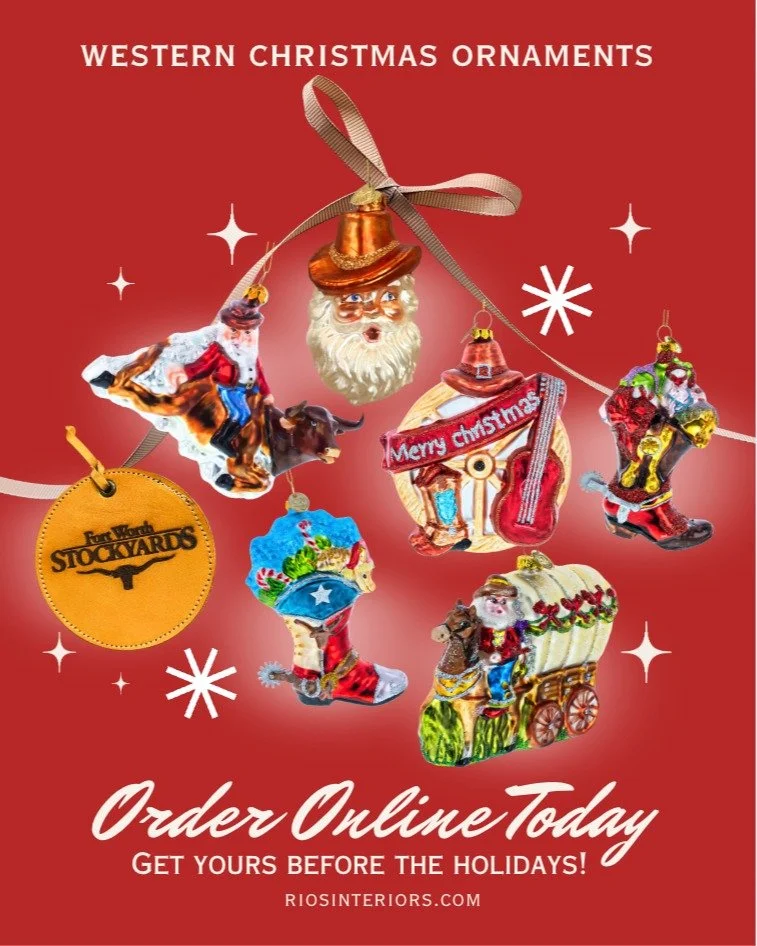 Shop our Western Christmas Ornaments online today! 🎄 Featuring our Fort Worth Stockyards leather ornaments we made in Mexico. Order before they are gone!

📲riosinteriors.com

#ornaments #christmasornaments #homedecor #riosinteriors #orderonline