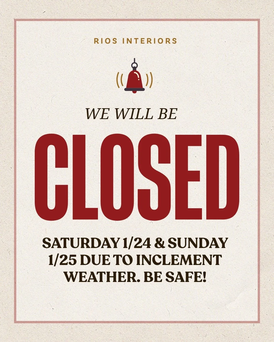 Out of an abundance of caution, we will be closed this Saturday and Sunday due to the expected severe weather. ❄ Your safety is our top priority, and we want to keep both our customers and team safe and off the roads during the storm.

Submit questio
