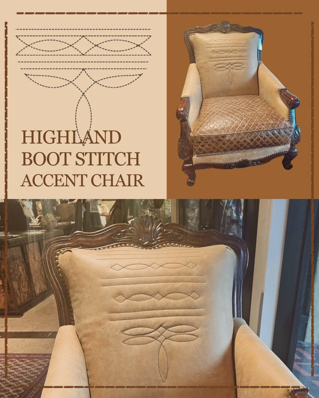 The classic bootstitch on leather, now adapted to our Highland Boot Stitch Accent Chair. A modern classic!

#furnituredesıgn #westernstyle #stockyards