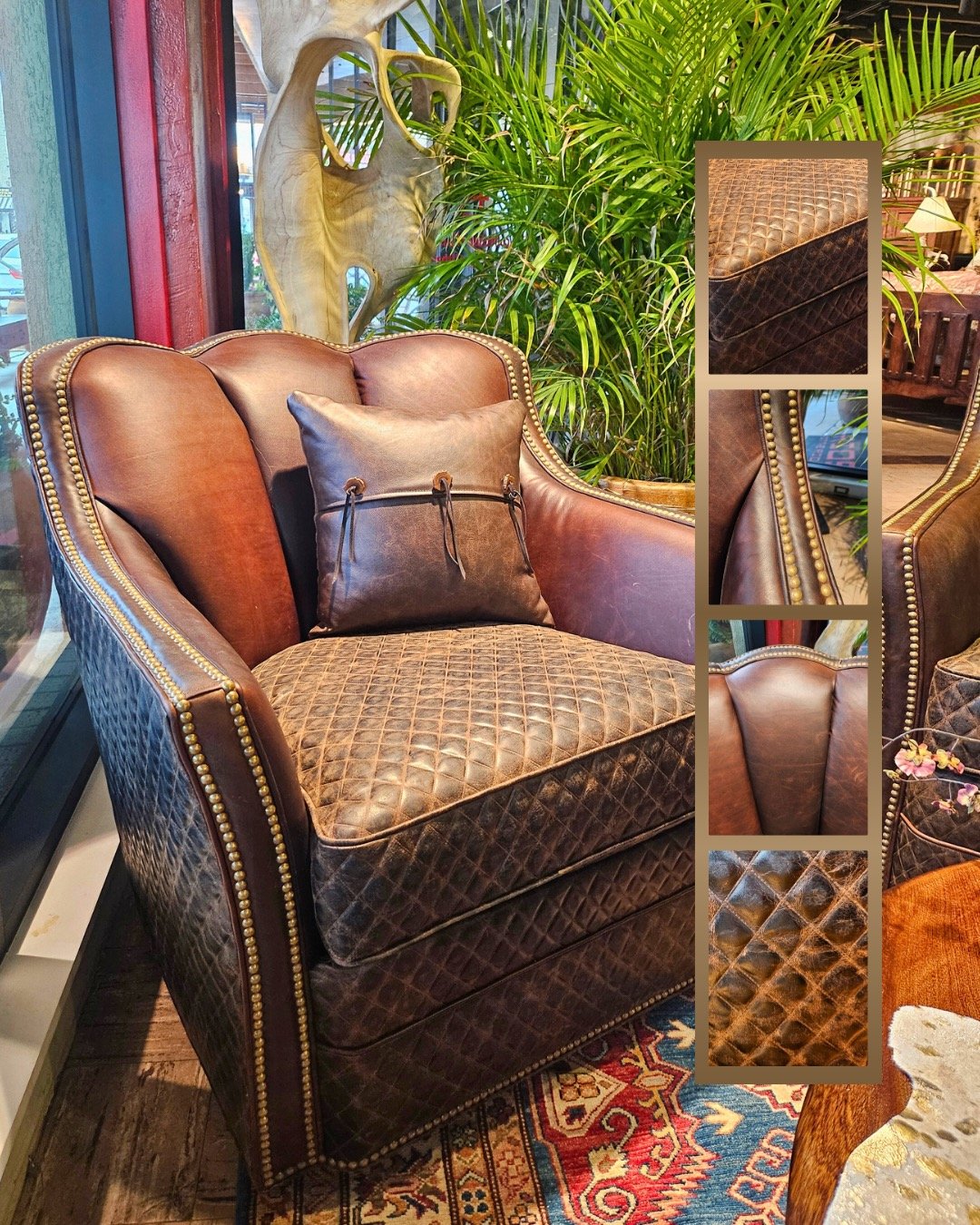 This handcrafted beauty, High Country Swivel Rocking Chair, is granted to bring comfort and class. Featuring rich tanned leather, diamond stitching, and brass nail accents. #handcrafted #leather #quality #westerndecor