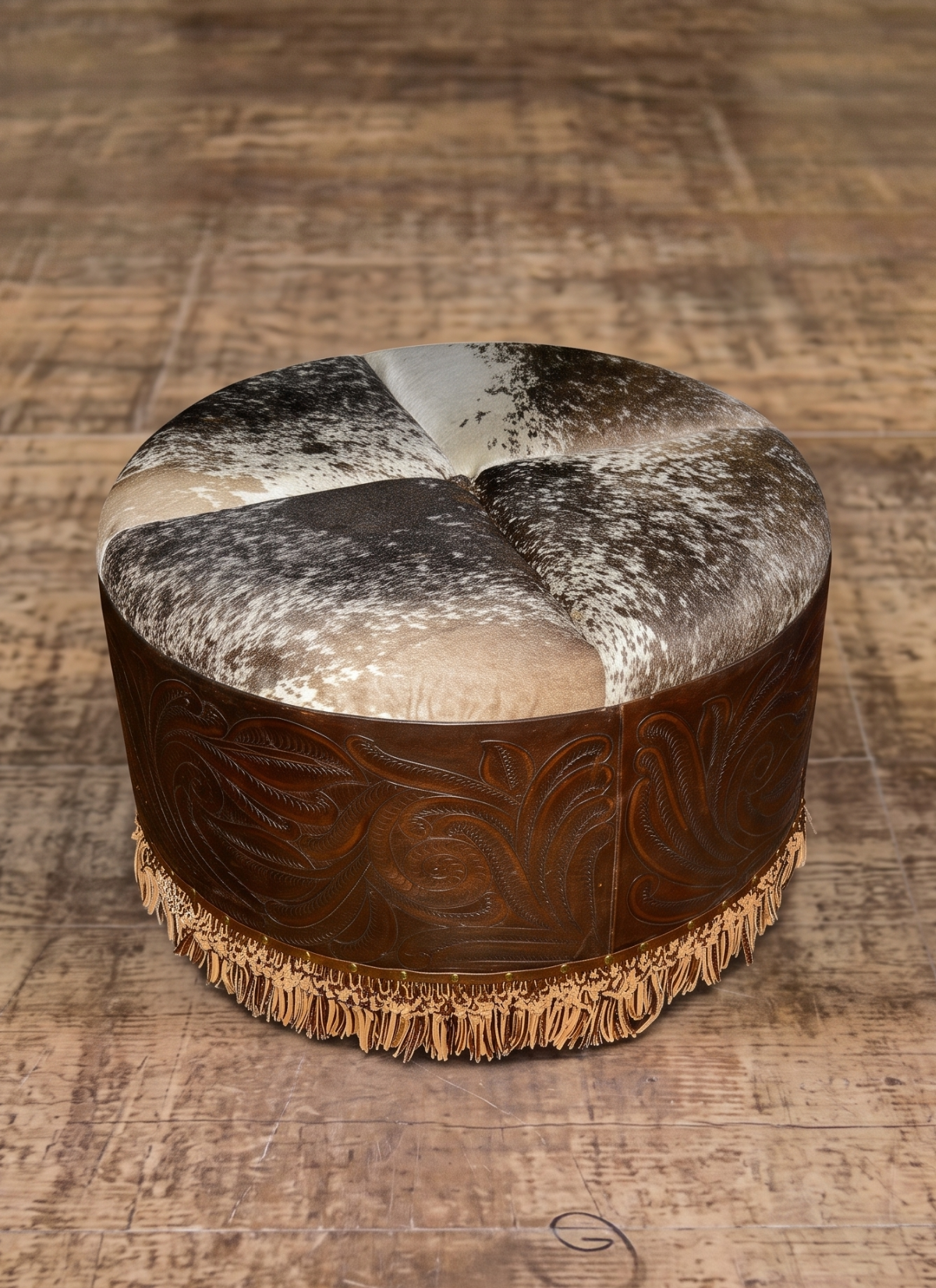 Hide & Handtooled Leather Ottoman