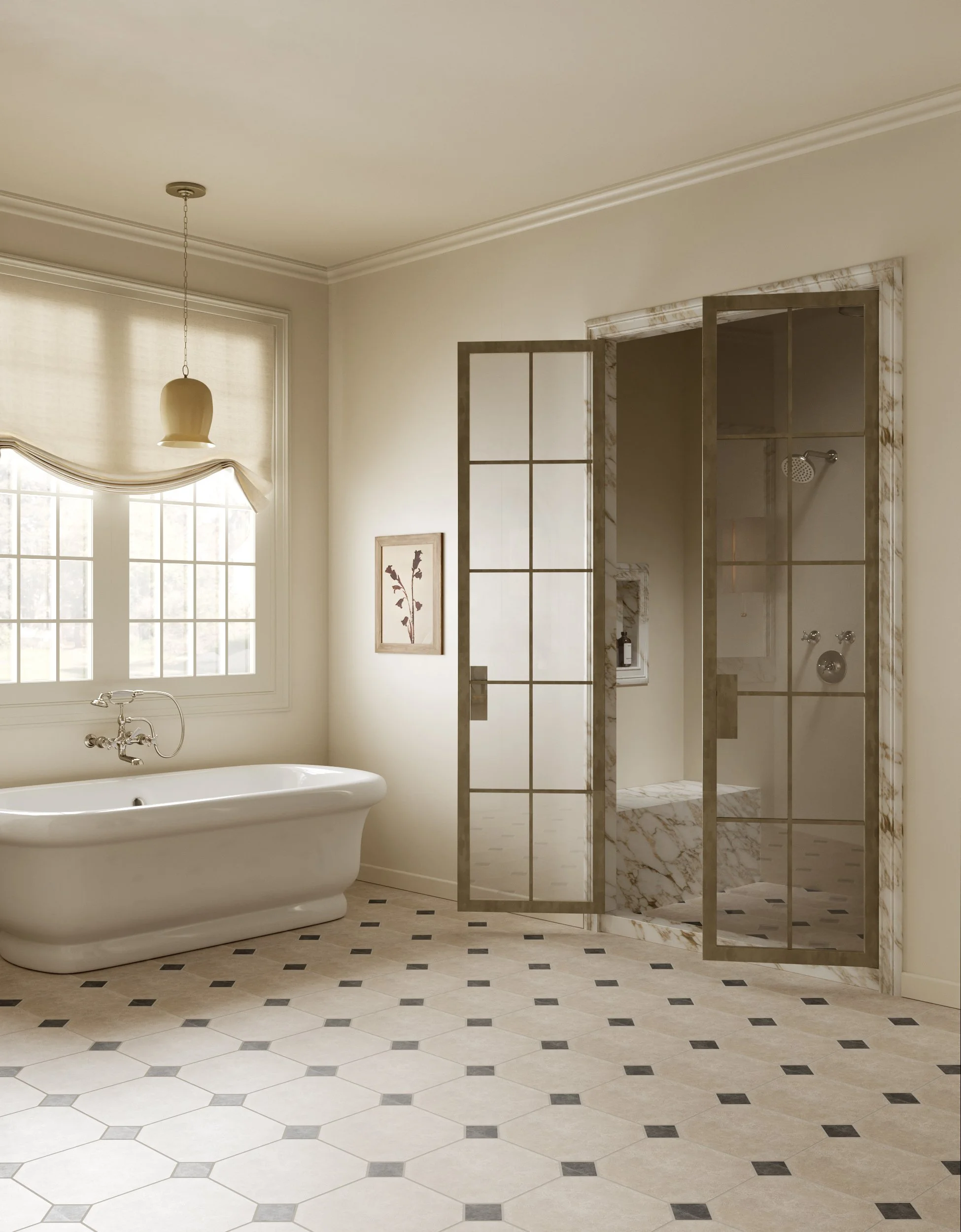 A bedroom with white walls and a large built-in closet with gold knobs. There is a window with a shade, a white armchair, a wooden table with a black vase, and a lamp. The ceiling has a woven pendant light and spotlights.