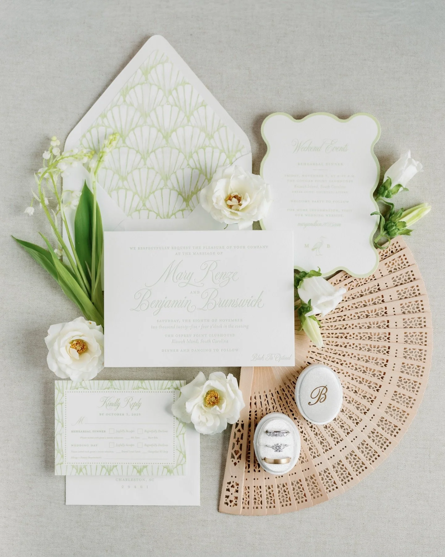 Fall on Kiawah Island is magic 🐚 for Mary &amp; Ben&rsquo;s wedding paper, we leaned into organic greens, airy textures, and subtle coastal nods to echo the landscape. A dream to design from start to finish!!