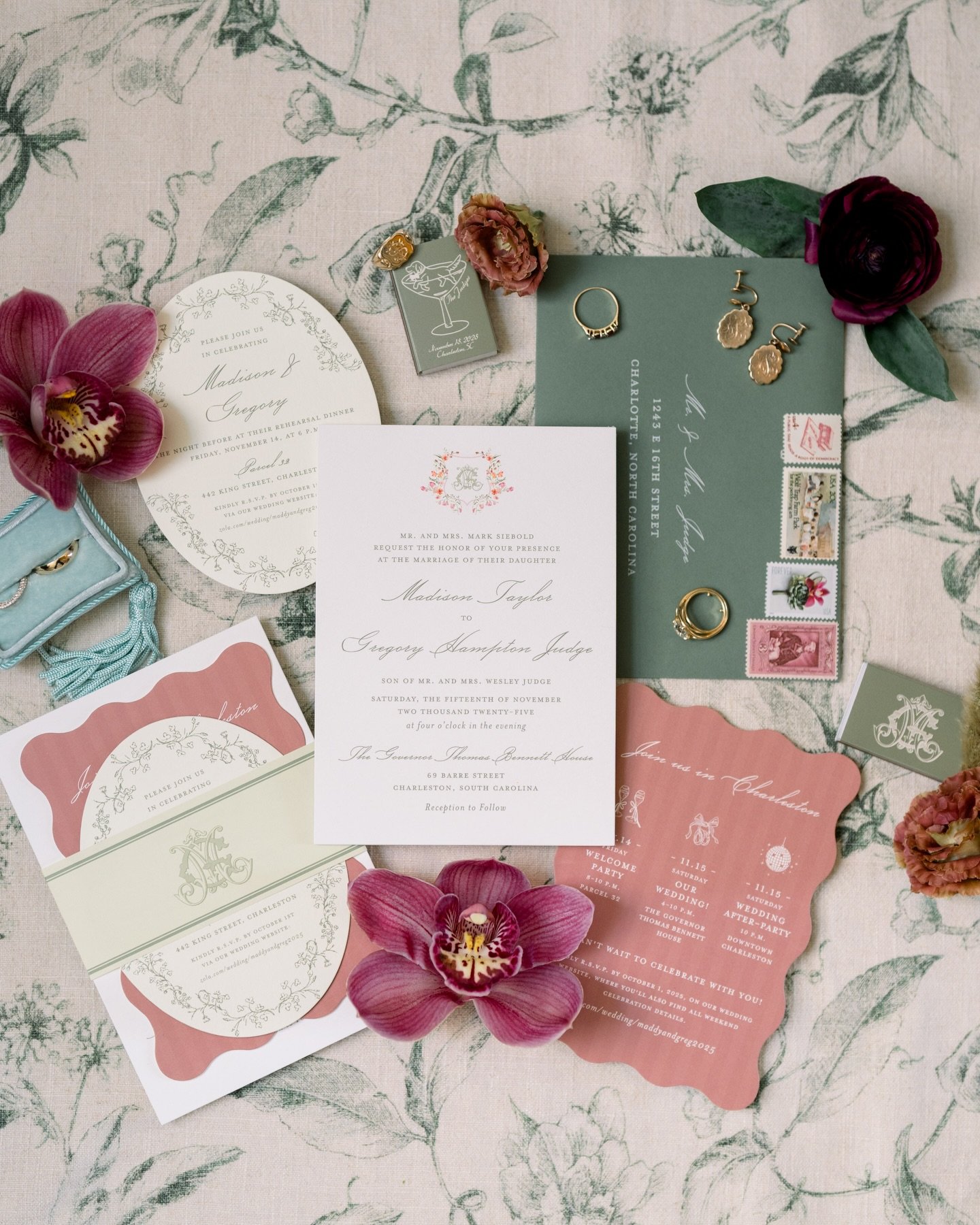The perfect blend of elegance + whimsy for Maddy + Greg 🤍 we paired a soft sage and dusty rose palette with playful iconography, an elegant floral crest, interesting shapes and vintage stamps!! Suchhh a fun one