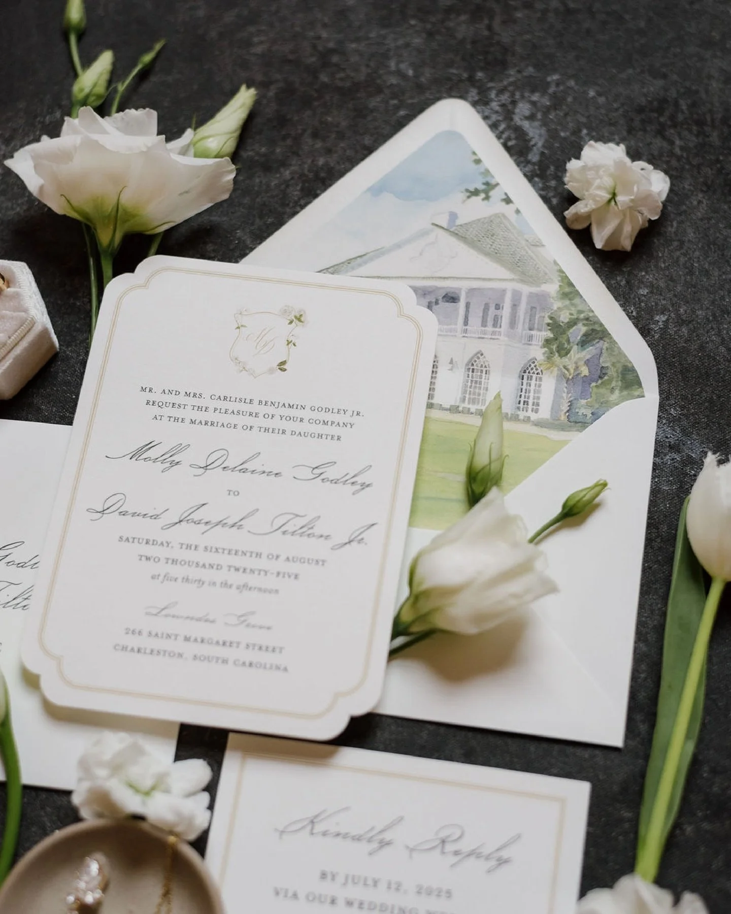 Molly + David&rsquo;s paper details 🌿 hints of gold, delicate florals, soft shapes + a watercolor venue liner to tie it all together