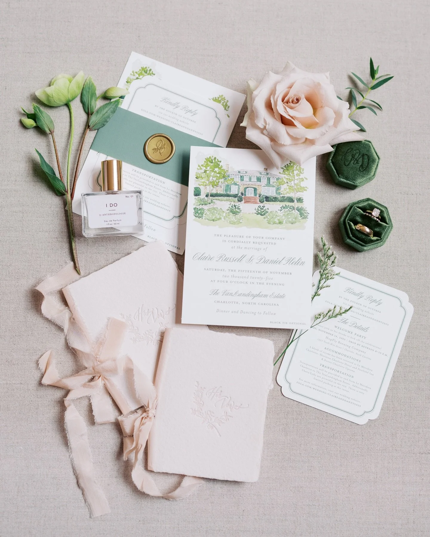 Claire + Danny&rsquo;s paper details ☁️ their gorg venue took center stage in watercolor, accented by a sleek script and an elegant die-cut, and finished with a deep emerald band + gold wax seal. A fall favorite!