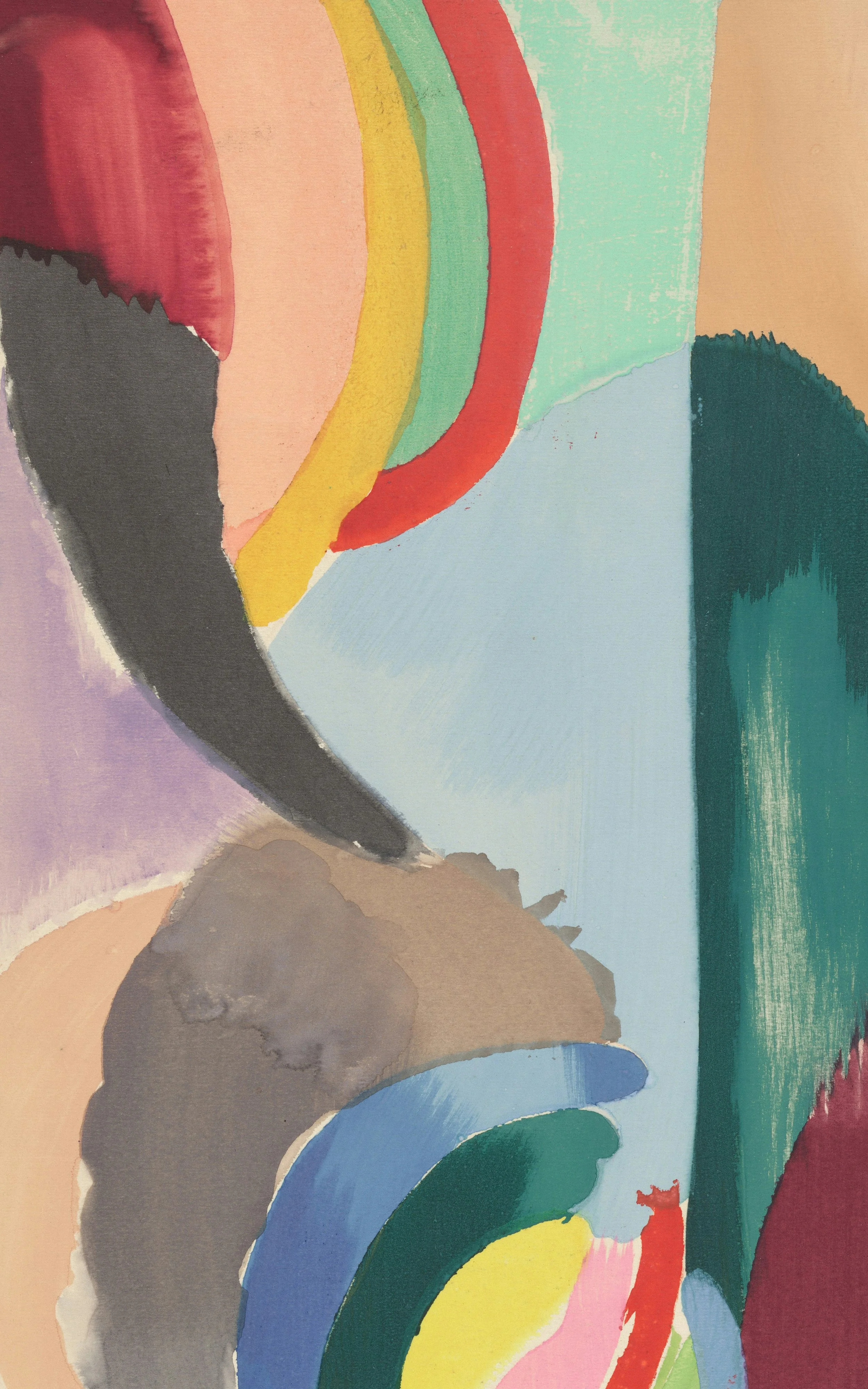 Abstract painting with colorful curved shapes and brushstrokes.
