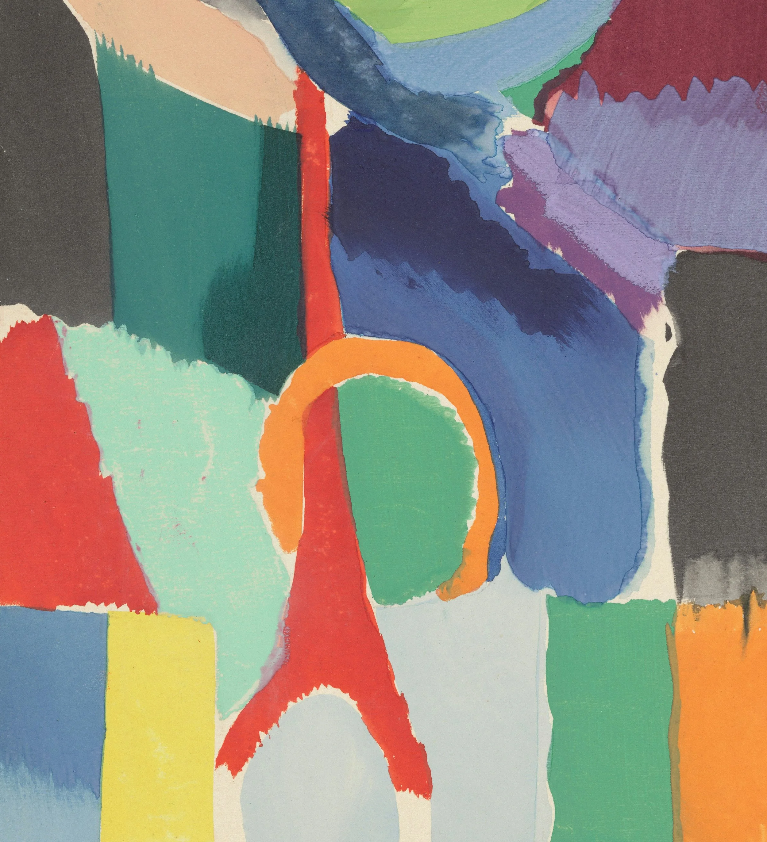 Abstract colorful painting with geometric shapes and bold brush strokes in blue, green, red, yellow, purple, orange, and black.