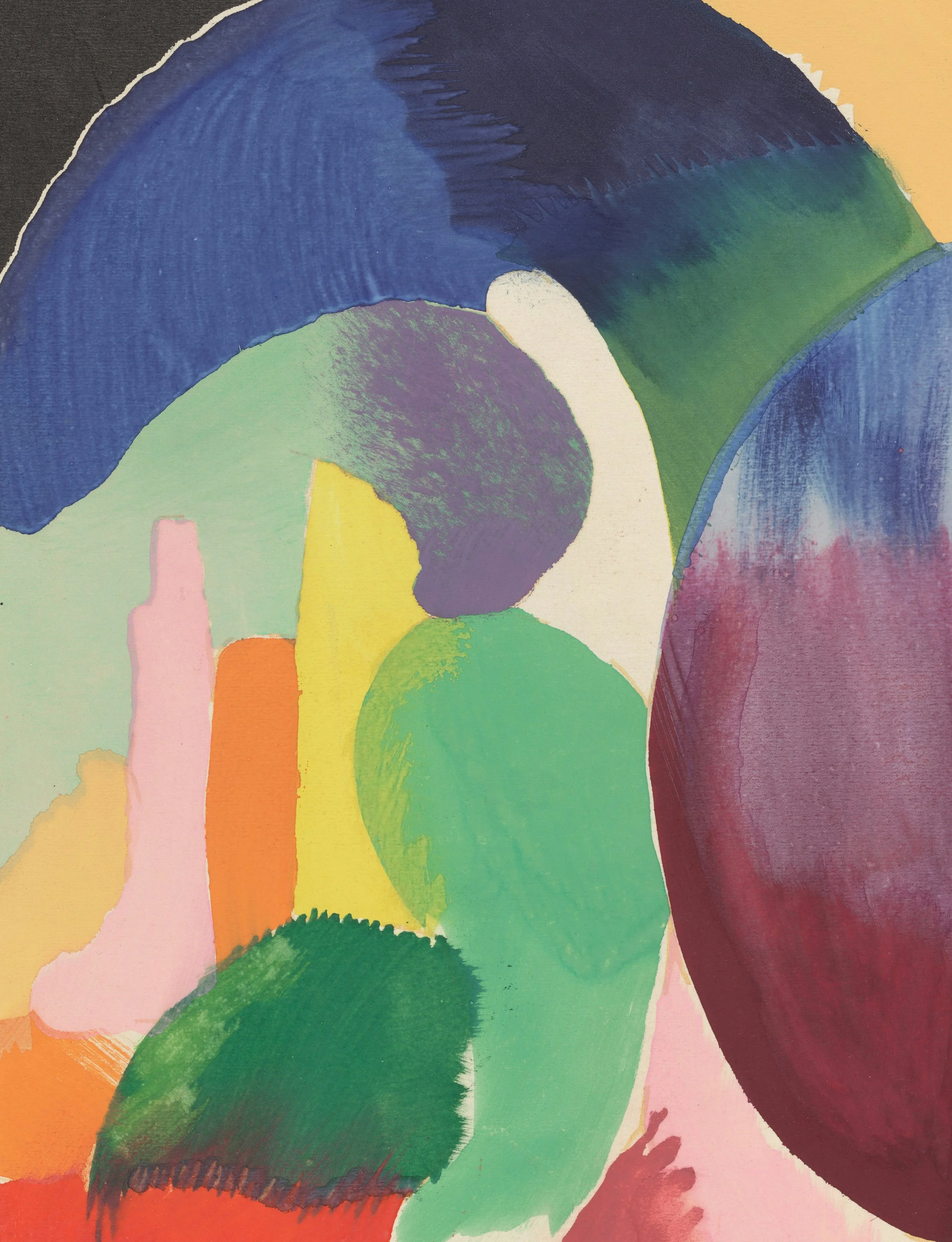 An abstract painting with bold, colorful brushstrokes in shades of blue, green, purple, yellow, orange, pink, and red.