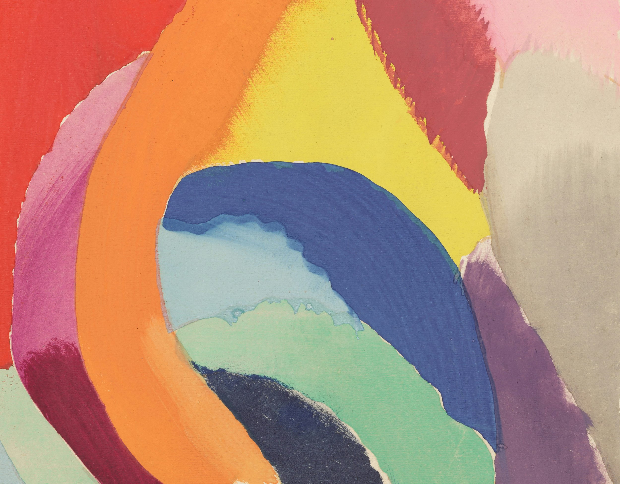 An abstract painting with bold, sweeping arcs of vibrant colors including red, pink, orange, yellow, blue, green, black, and purple.