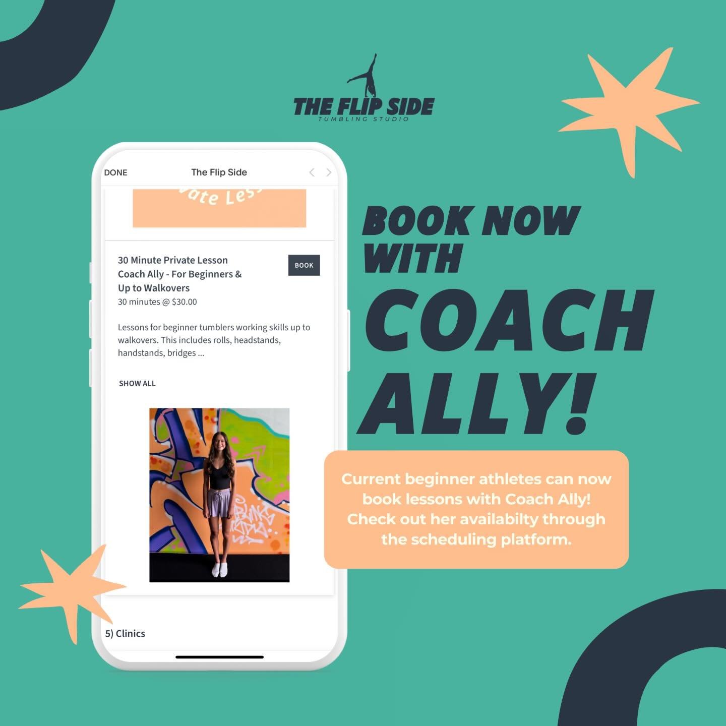 Current beginner athletes can now view and book Coach Ally&rsquo;s availability on the scheduling app! Coach Ally is great with beginner and intermediate athletes working to learn, practice, and strengthen their tumbling technique.